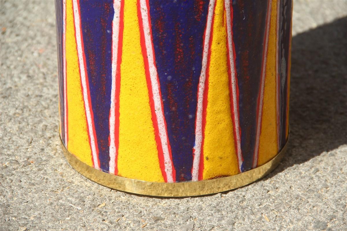 Italian Midcentury Round Siva Poggibonsi Umbrella Stand Enameled Blu Yellow Gold Brass For Sale