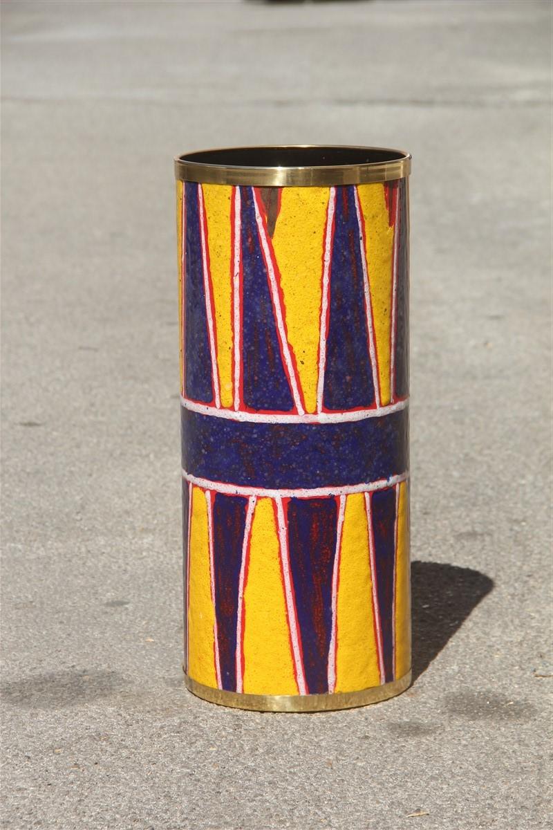 Midcentury Round Siva Poggibonsi Umbrella Stand Enameled Blu Yellow Gold Brass For Sale 1