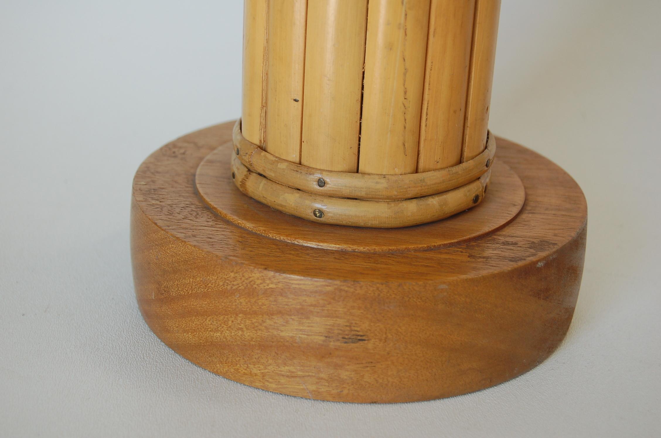 Mid-Century Modern Midcentury Round Split Rattan Table Lamp, Carved Wood Base and Fancy Wrappings
