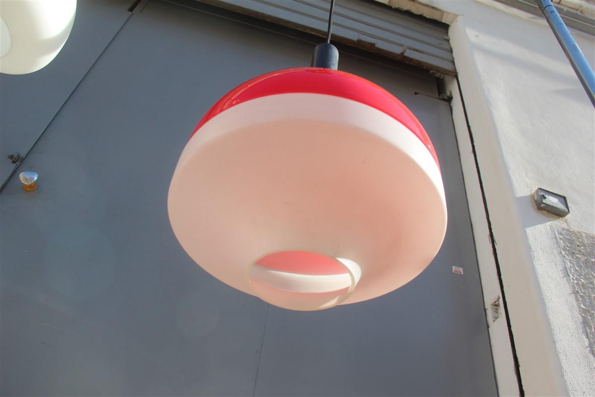 Midcentury Round Stilux Ceiling Lamp Italian Design Red White, 1950s In Good Condition For Sale In Palermo, Sicily