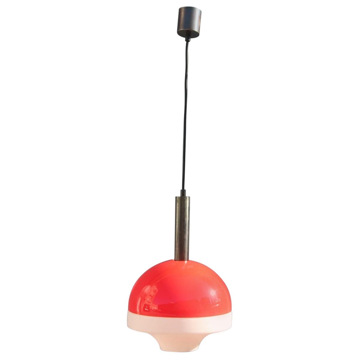 Midcentury Round Stilux Ceiling Lamp Italian Design Red White, 1950s