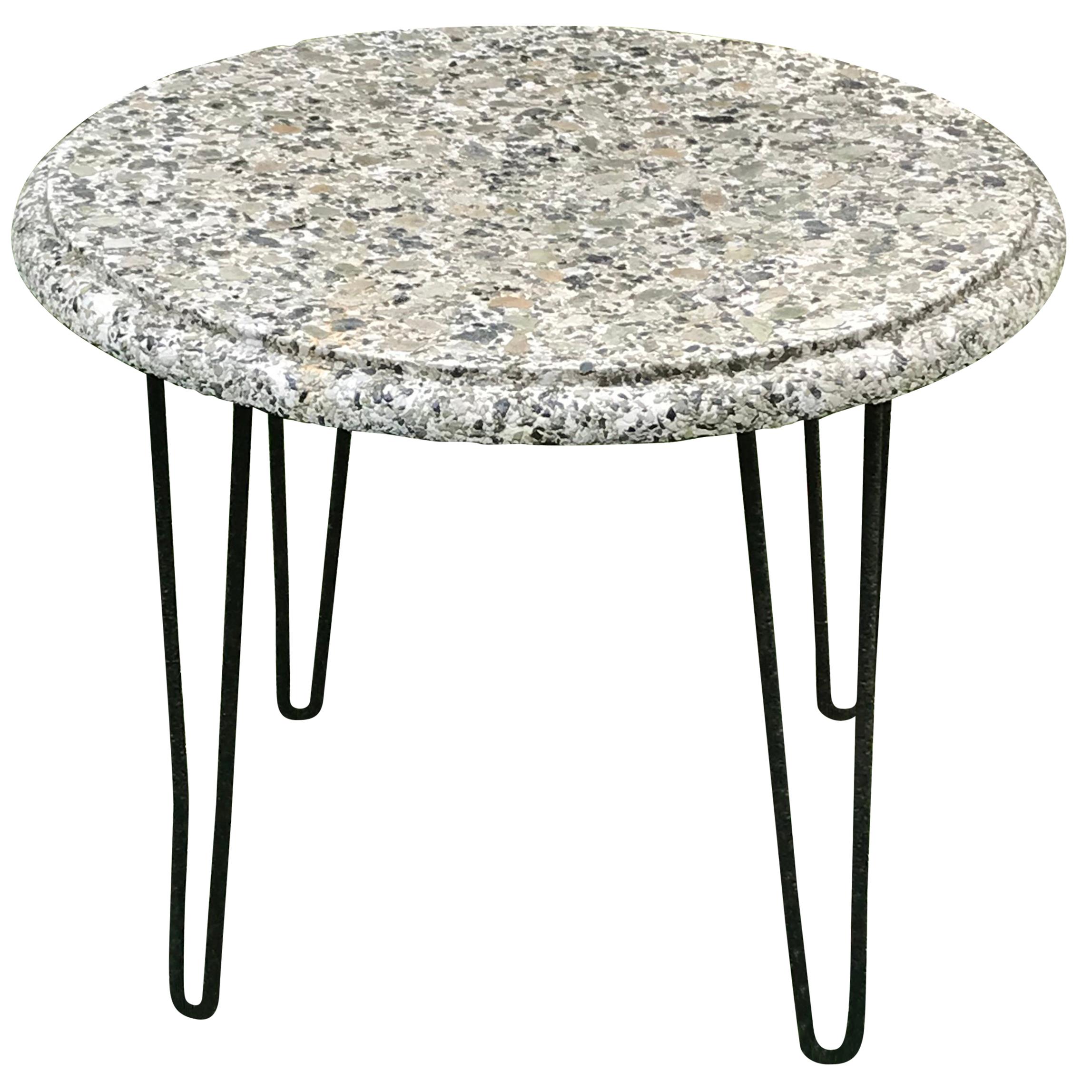 Mid Century Round Stone Top Table with Hairpin Legs, Patio or Poolside, 1950s