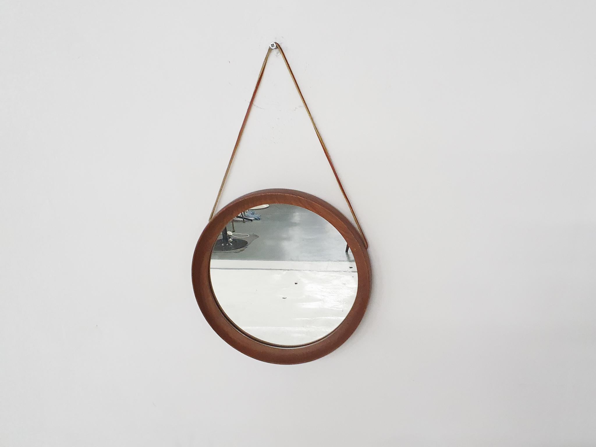 Scandinavian Modern Mid-Century Round Teak Mirror with Leather Strap, Denmark 1960's