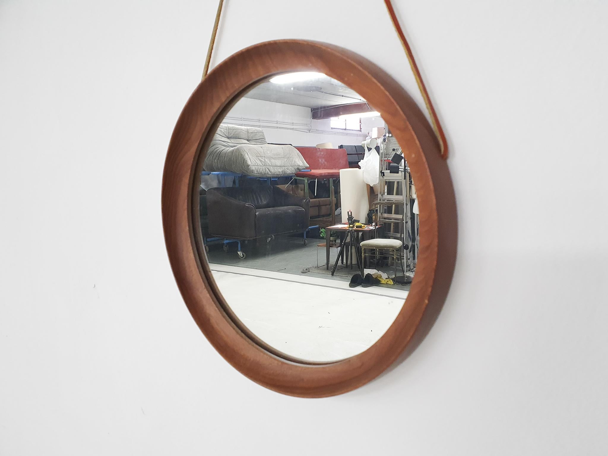 Scandinavian Mid-Century Round Teak Mirror with Leather Strap, Denmark 1960's