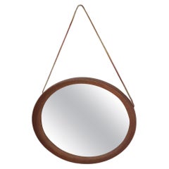 Mid-Century Round Teak Mirror with Leather Strap, Denmark 1960's