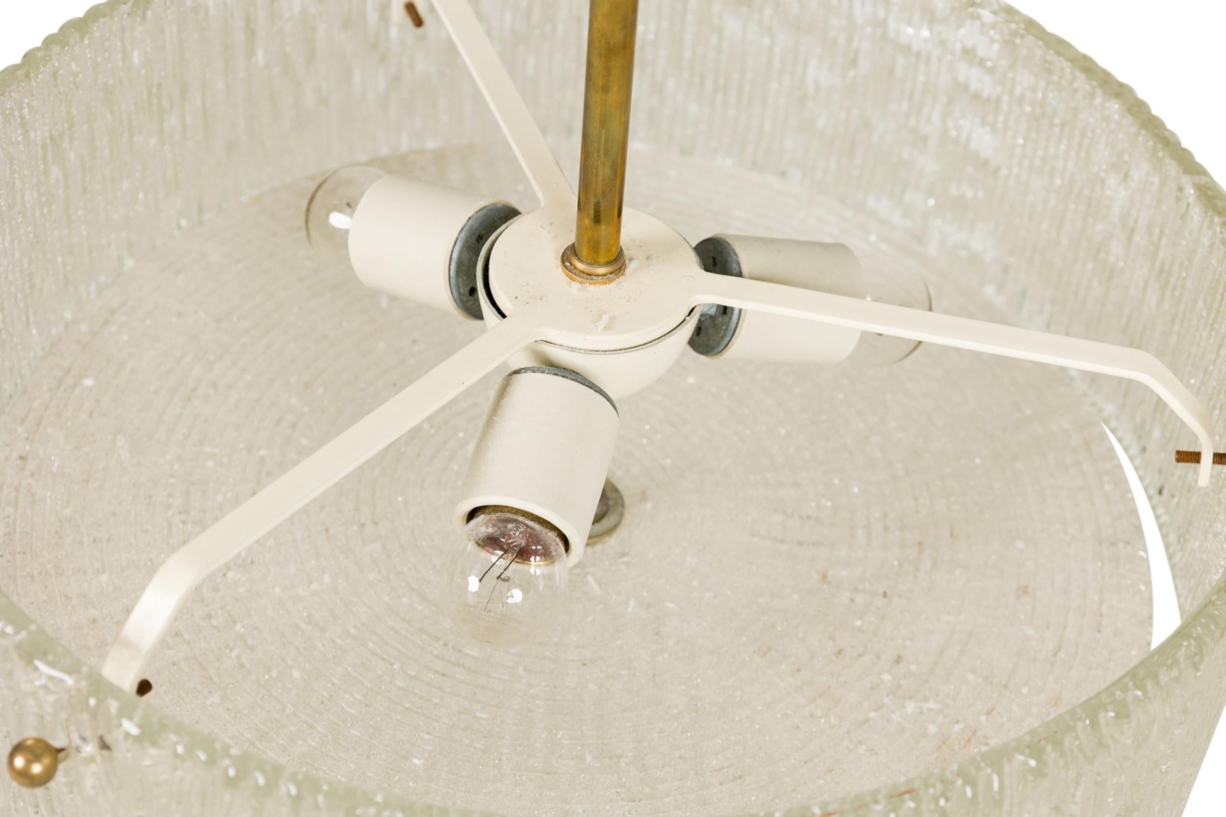 Hand-Crafted MId-Century Round Textured Glass Chandelier For Sale