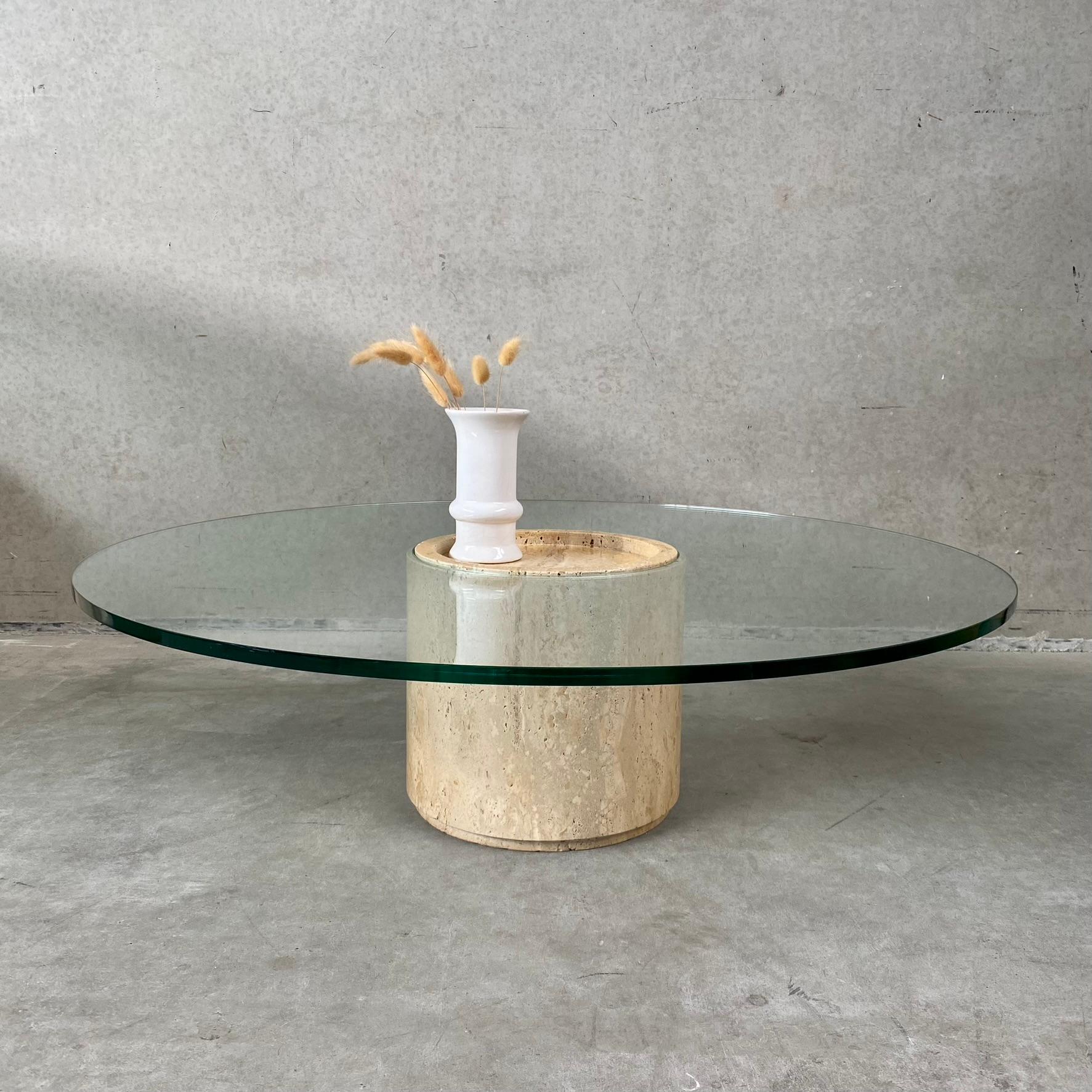 Mid-Century Round Travertine Glass Coffee Table Italy 1970 For Sale 1