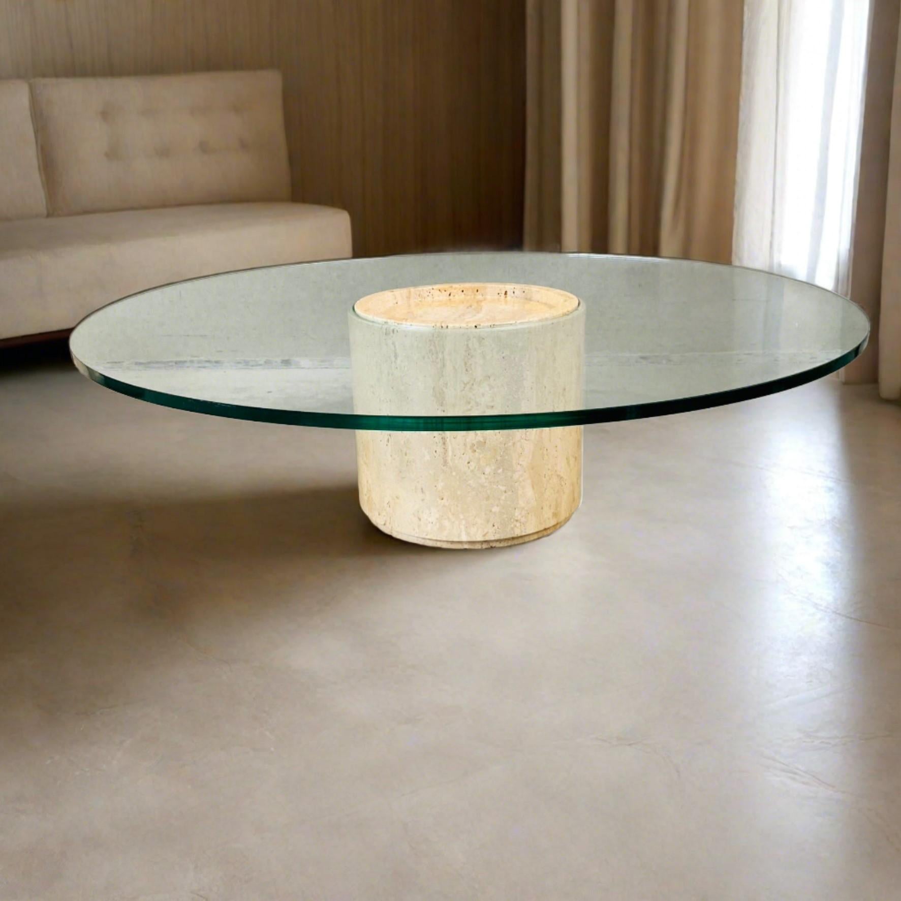 Mid-Century Modern Mid-Century Round Travertine Glass Coffee Table Italy 1970 For Sale