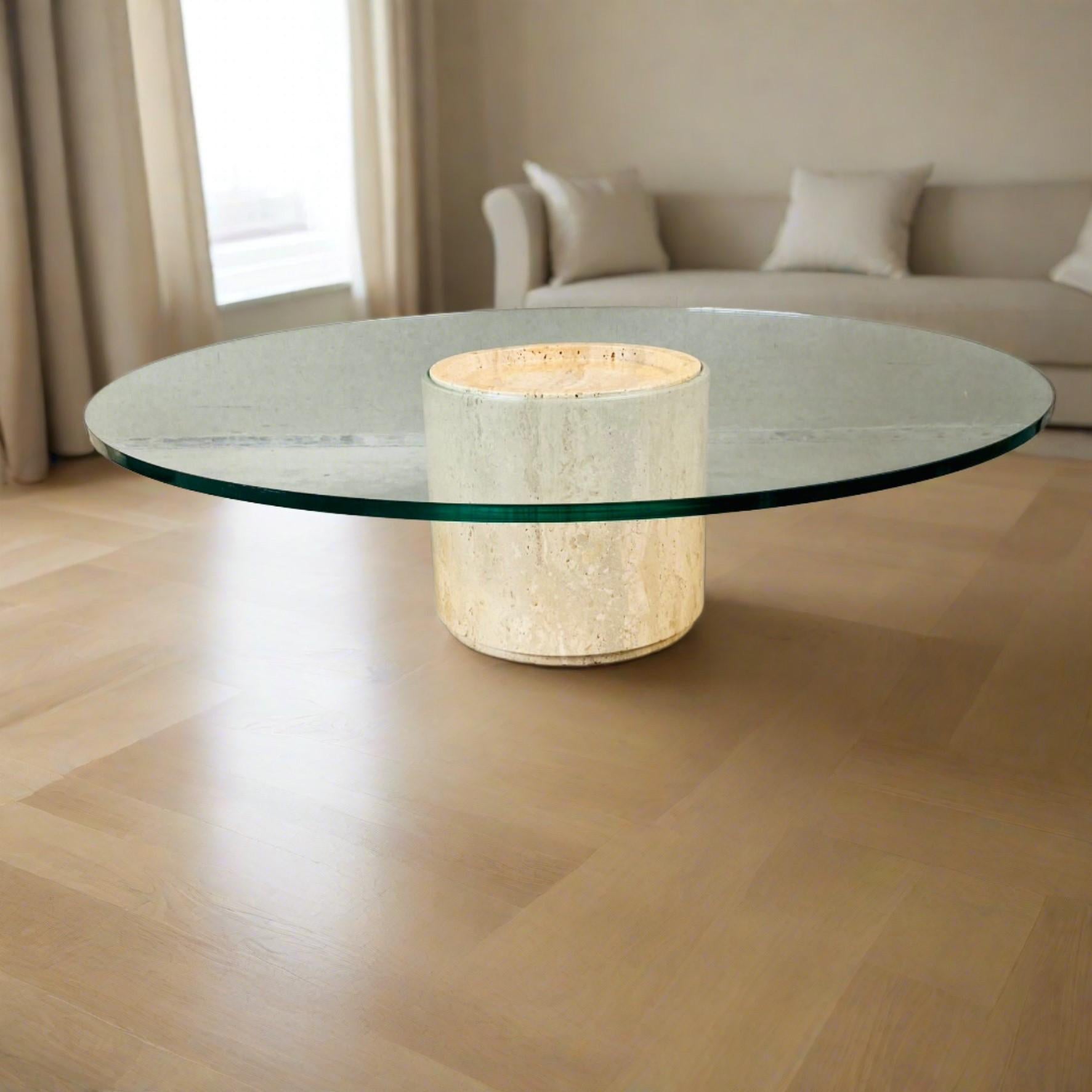 Italian Mid-Century Round Travertine Glass Coffee Table Italy 1970 For Sale