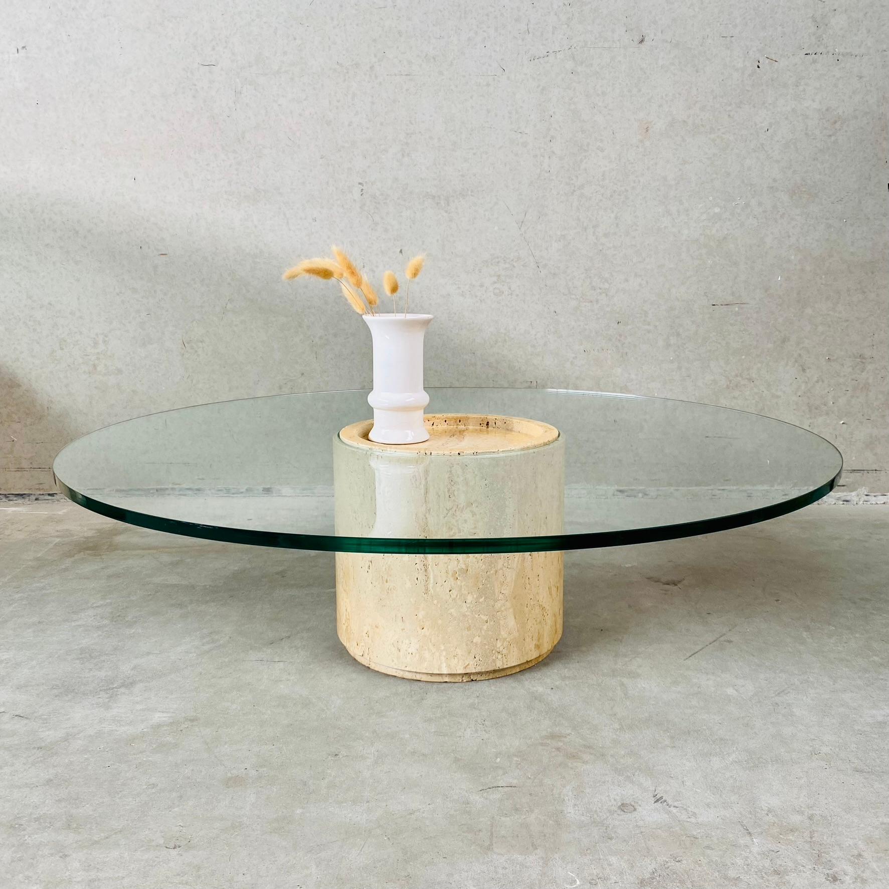Mid-Century Round Travertine Glass Coffee Table Italy 1970 For Sale 3