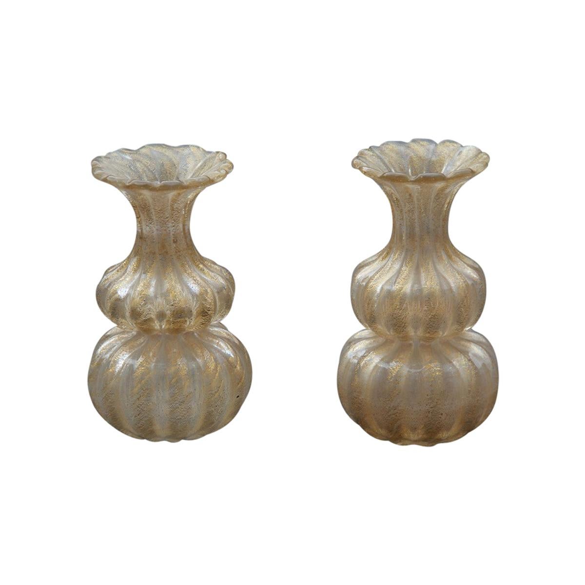 Midcentury Round Vase Barovier & Toso Murano Glass Gold Dust Italian Design For Sale