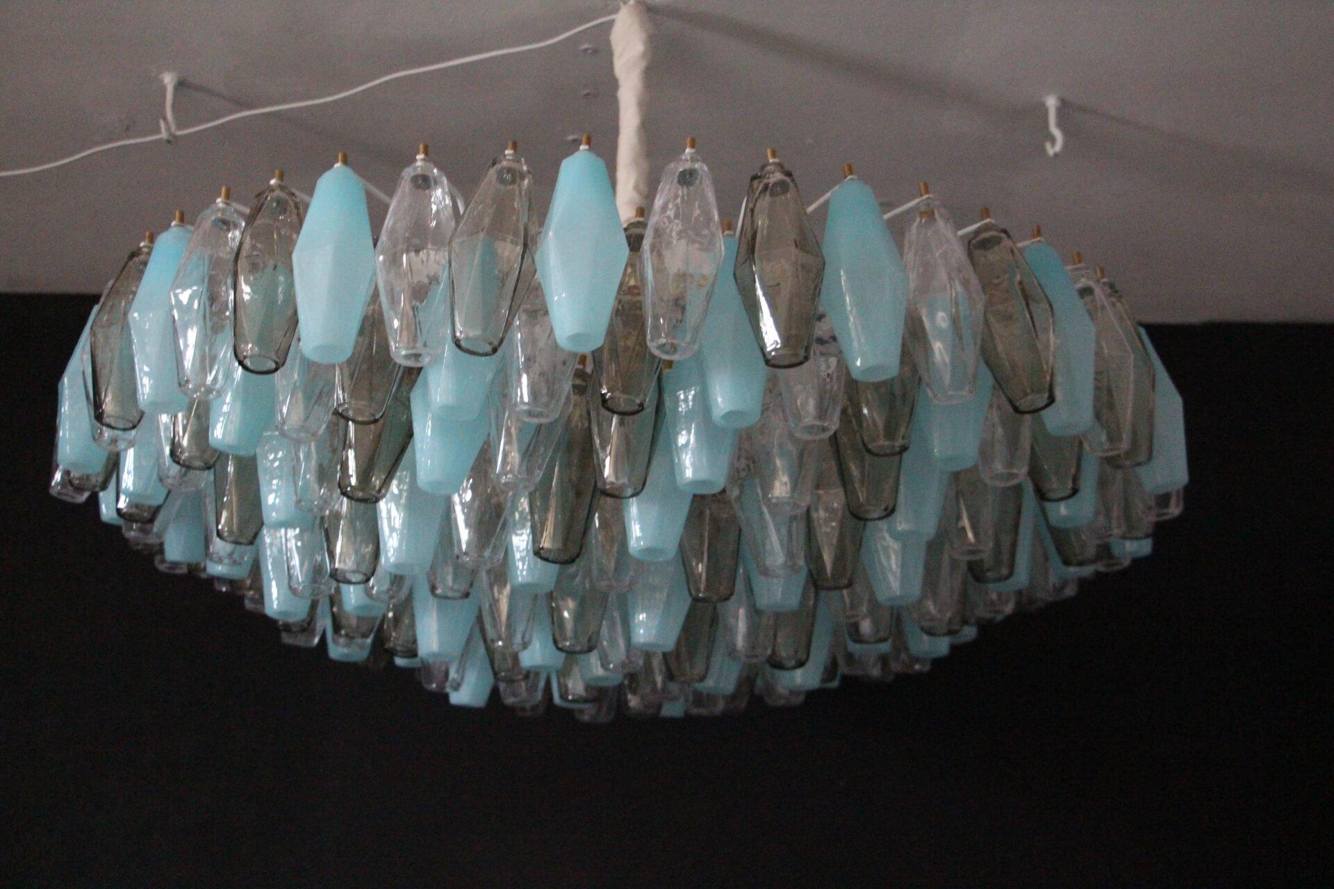 Mid Century Round Venini Style Chandelier in Blue, Amber and White Poliedri  10