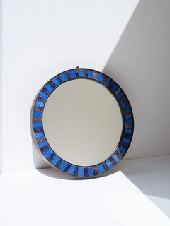 Mid-Century Round Wall Mirror, Blue Glass Mosaic Tiles & Brass - France 1960s