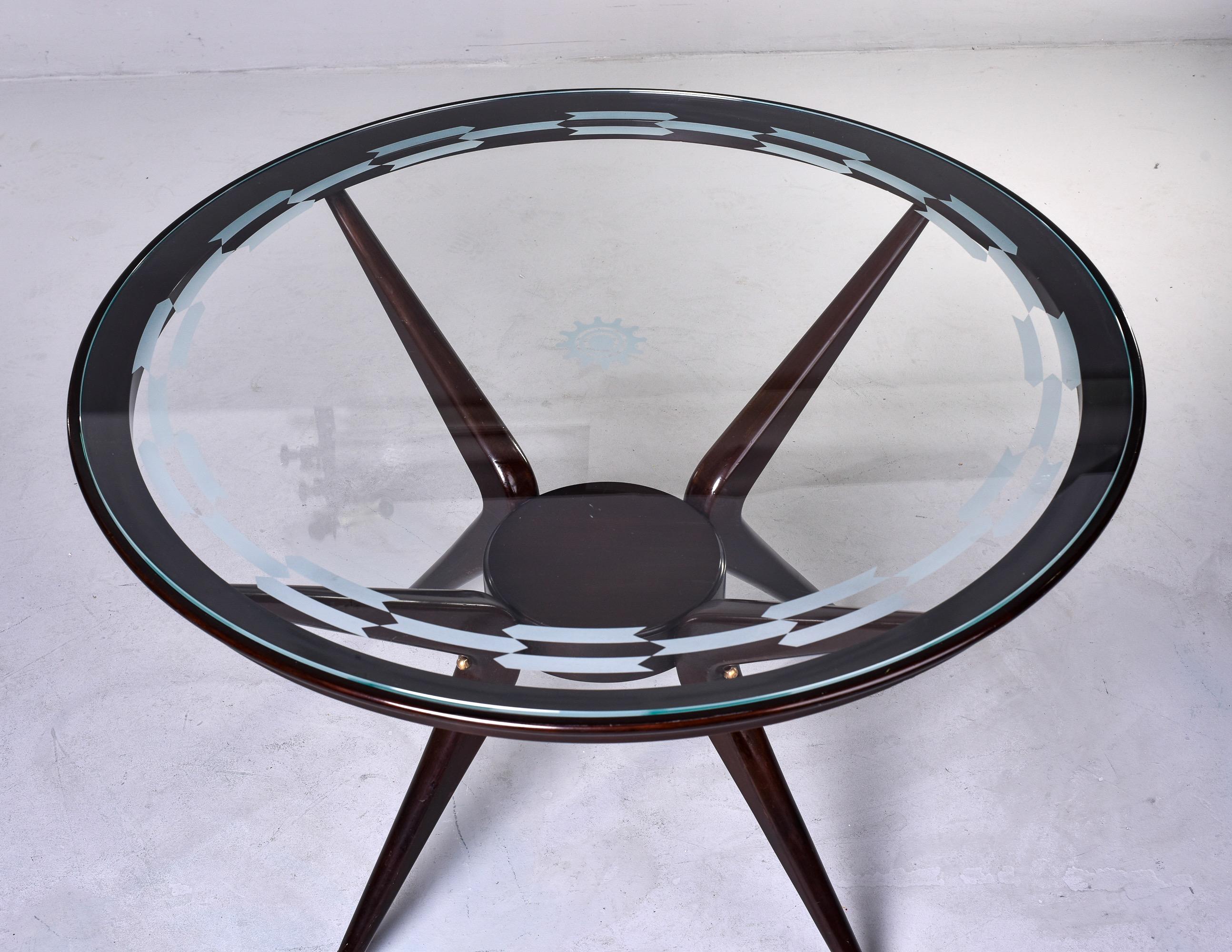 Mid-Century Round Wood Frame Table with Etched Glass Top and Brass Tipped Legs 4