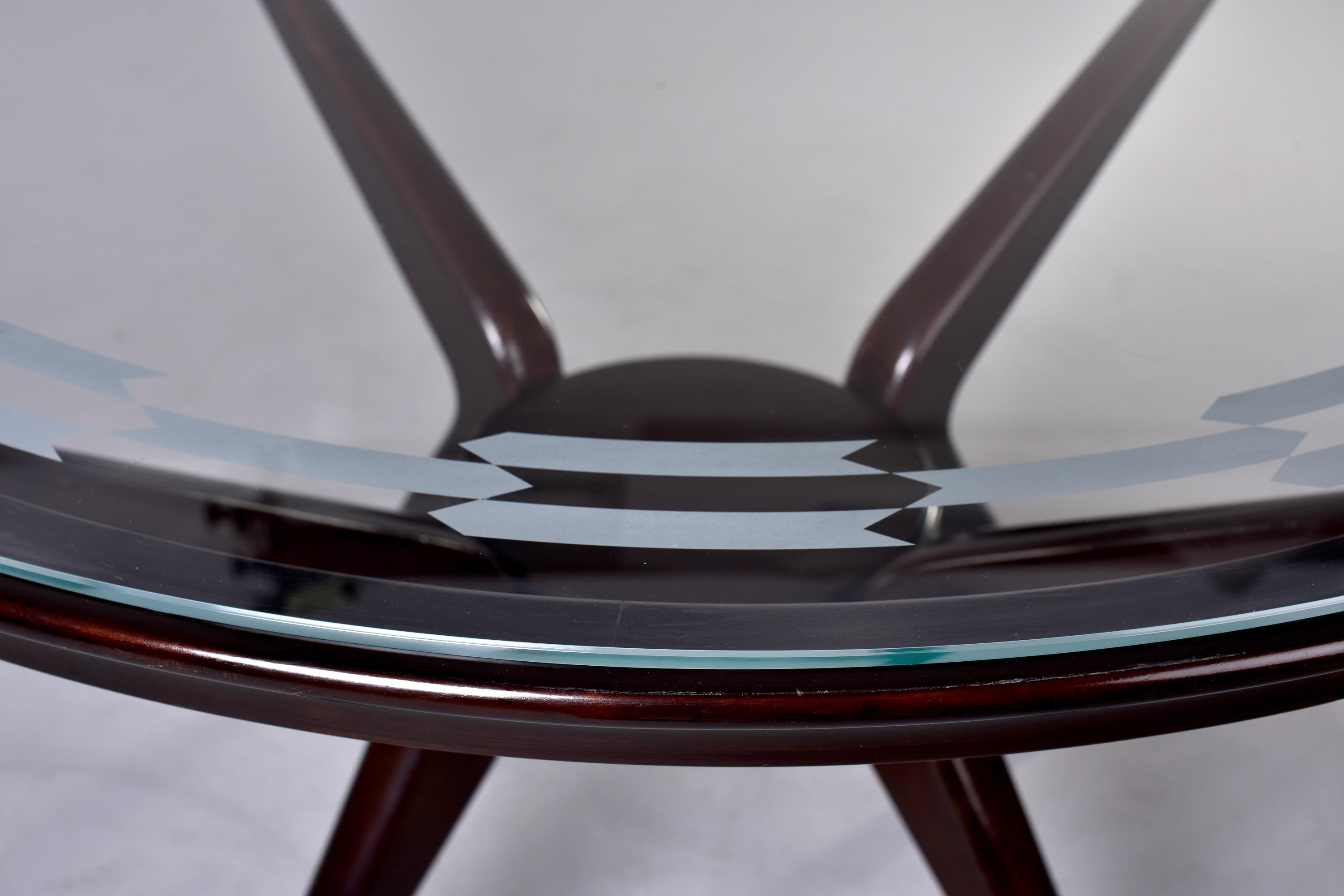 Mid-Century Round Wood Frame Table with Etched Glass Top and Brass Tipped Legs 6