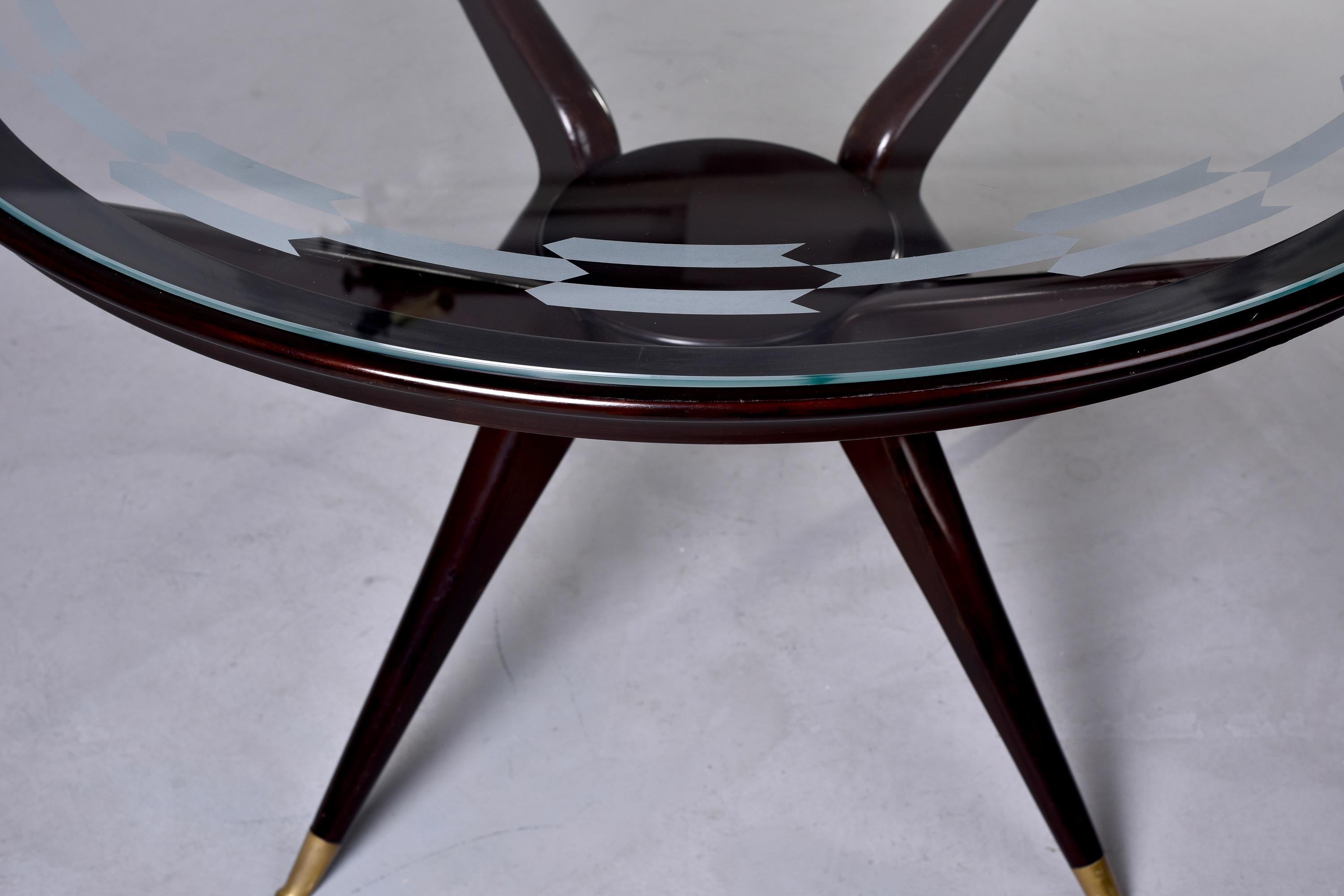 Mid-Century Round Wood Frame Table with Etched Glass Top and Brass Tipped Legs 7