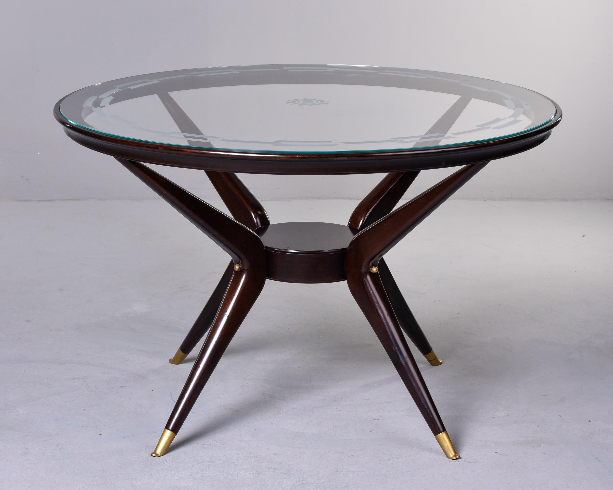 Mid-Century Round Wood Frame Table with Etched Glass Top and Brass Tipped Legs 2
