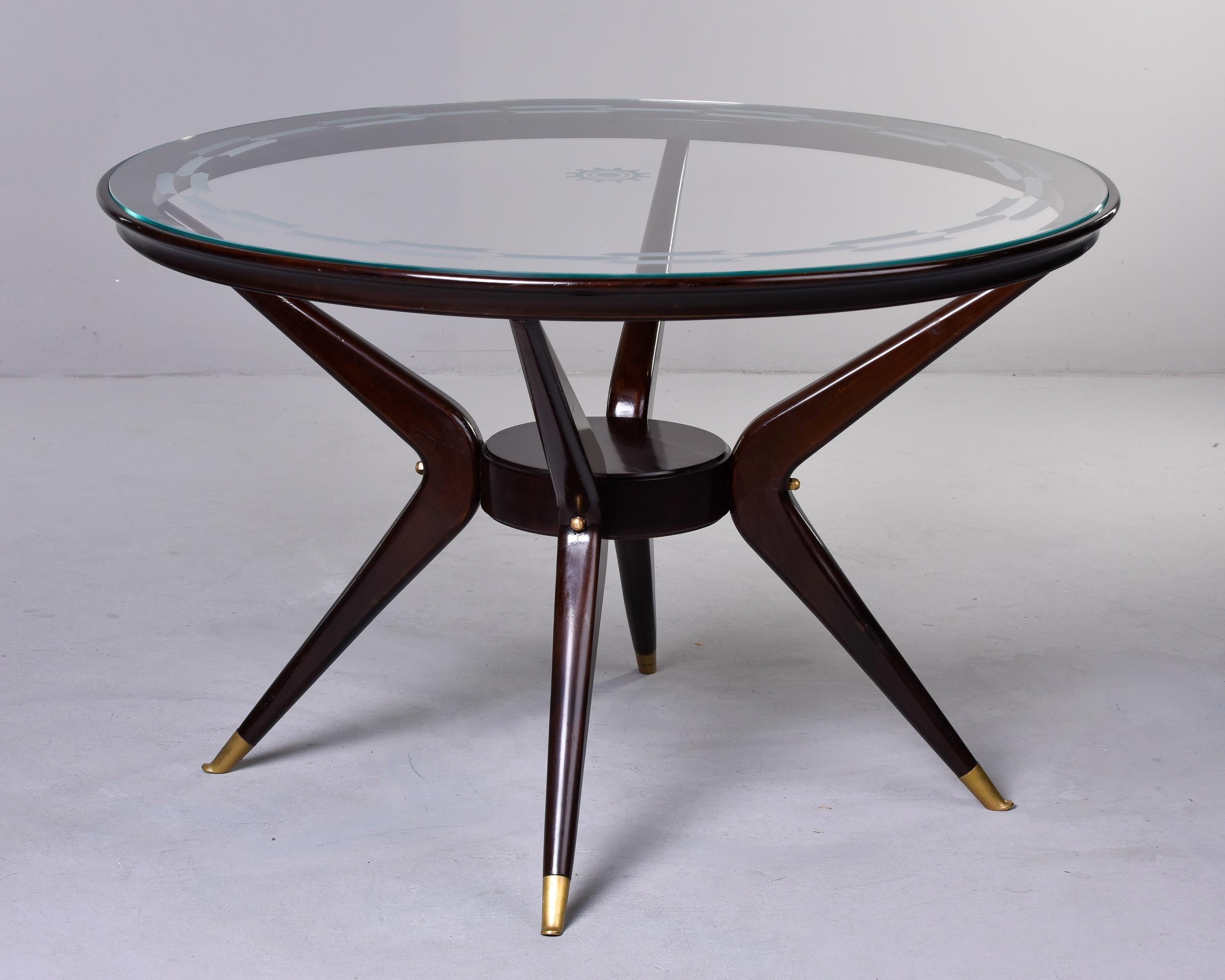 Mid-Century Round Wood Frame Table with Etched Glass Top and Brass Tipped Legs 3