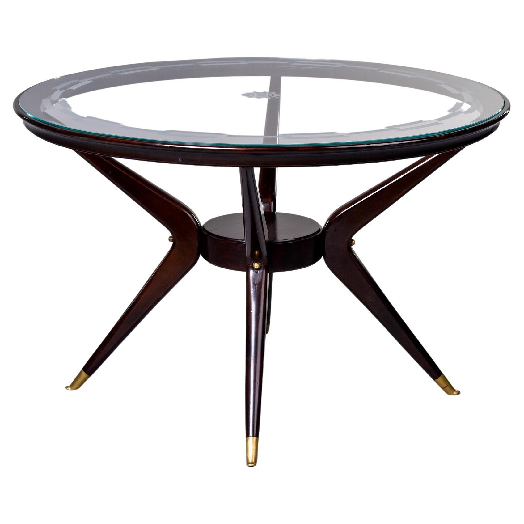 Mid-Century Round Wood Frame Table with Etched Glass Top and Brass Tipped Legs