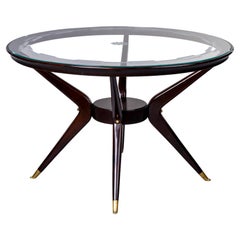 Mid-Century Round Wood Frame Table with Etched Glass Top and Brass Tipped Legs