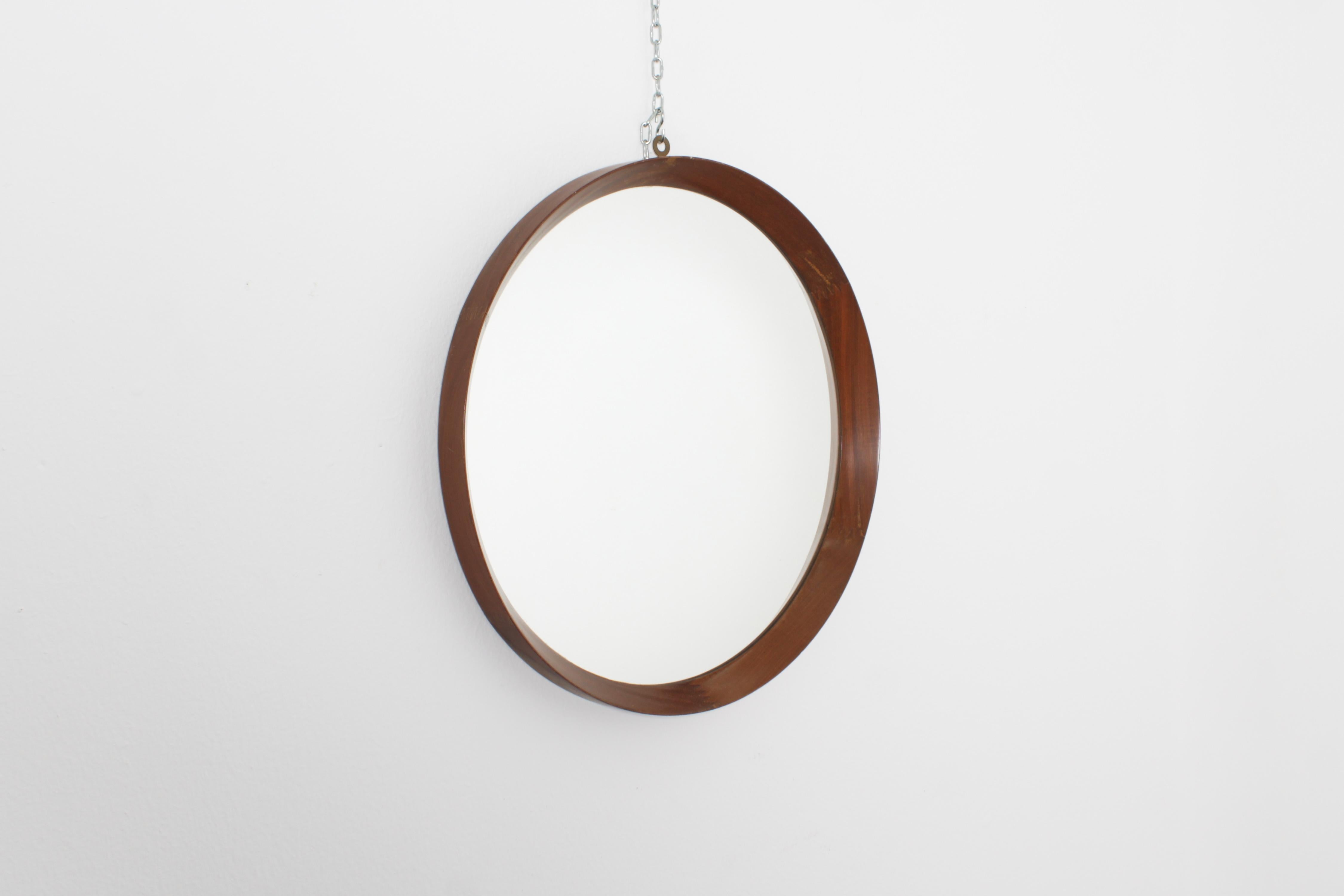 Italian Mid-Century Round Wood Wall Mirror 60s Italy For Sale
