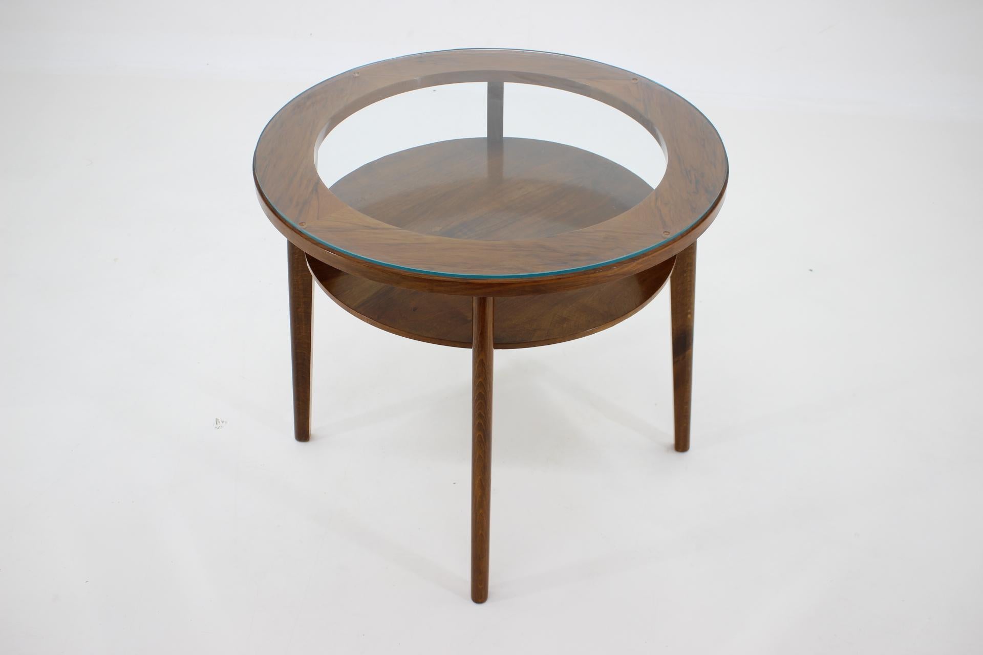 Glass Mid-Century Round Wooden Coffee Table, Czechoslovakia / 1960's For Sale