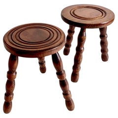Mid-Century Round Wooden Stools in The Style of Charles Dudouyt, France, 1960s