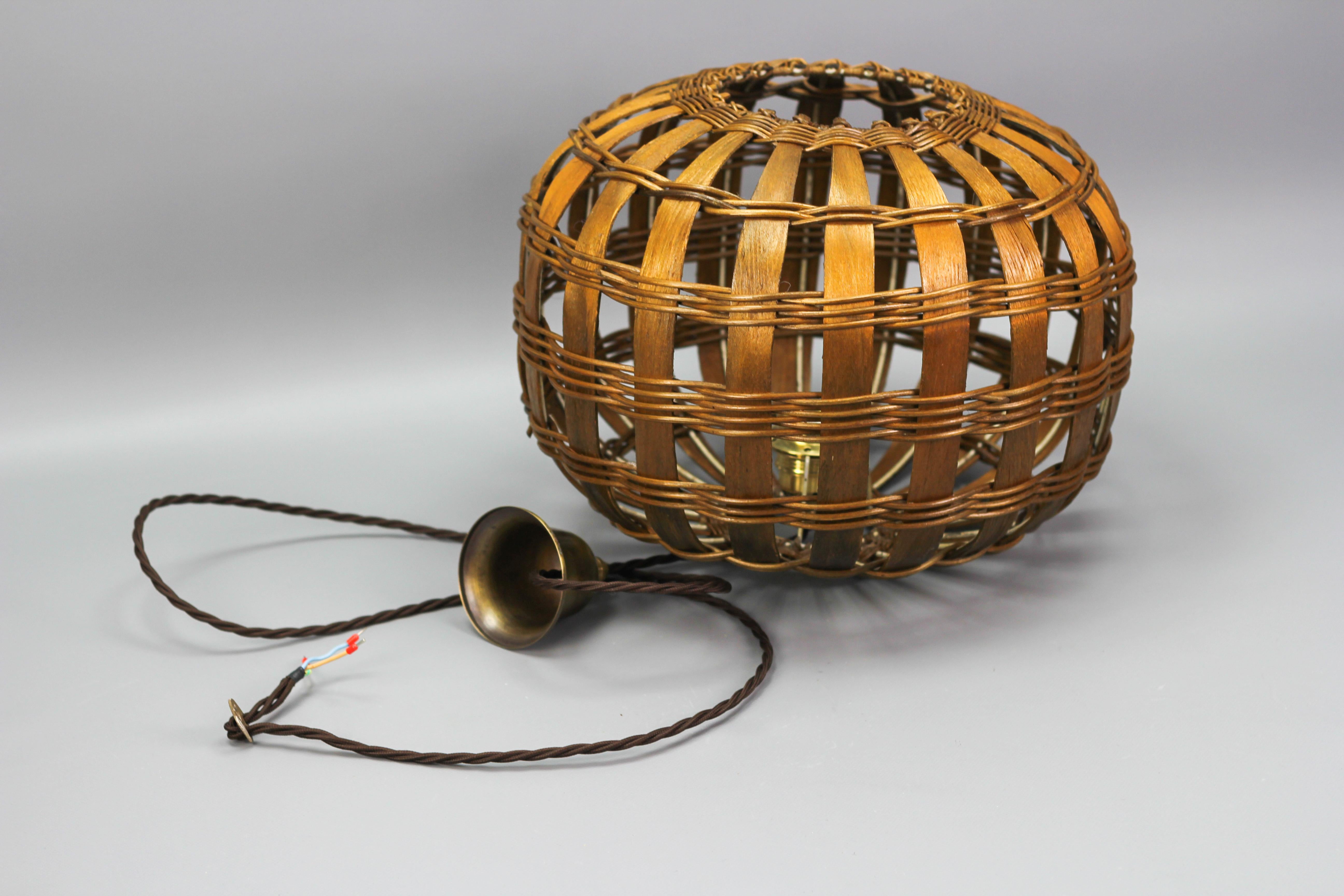 Mid-Century Round Woven Wooden Hanging Lamp, 1950s 5