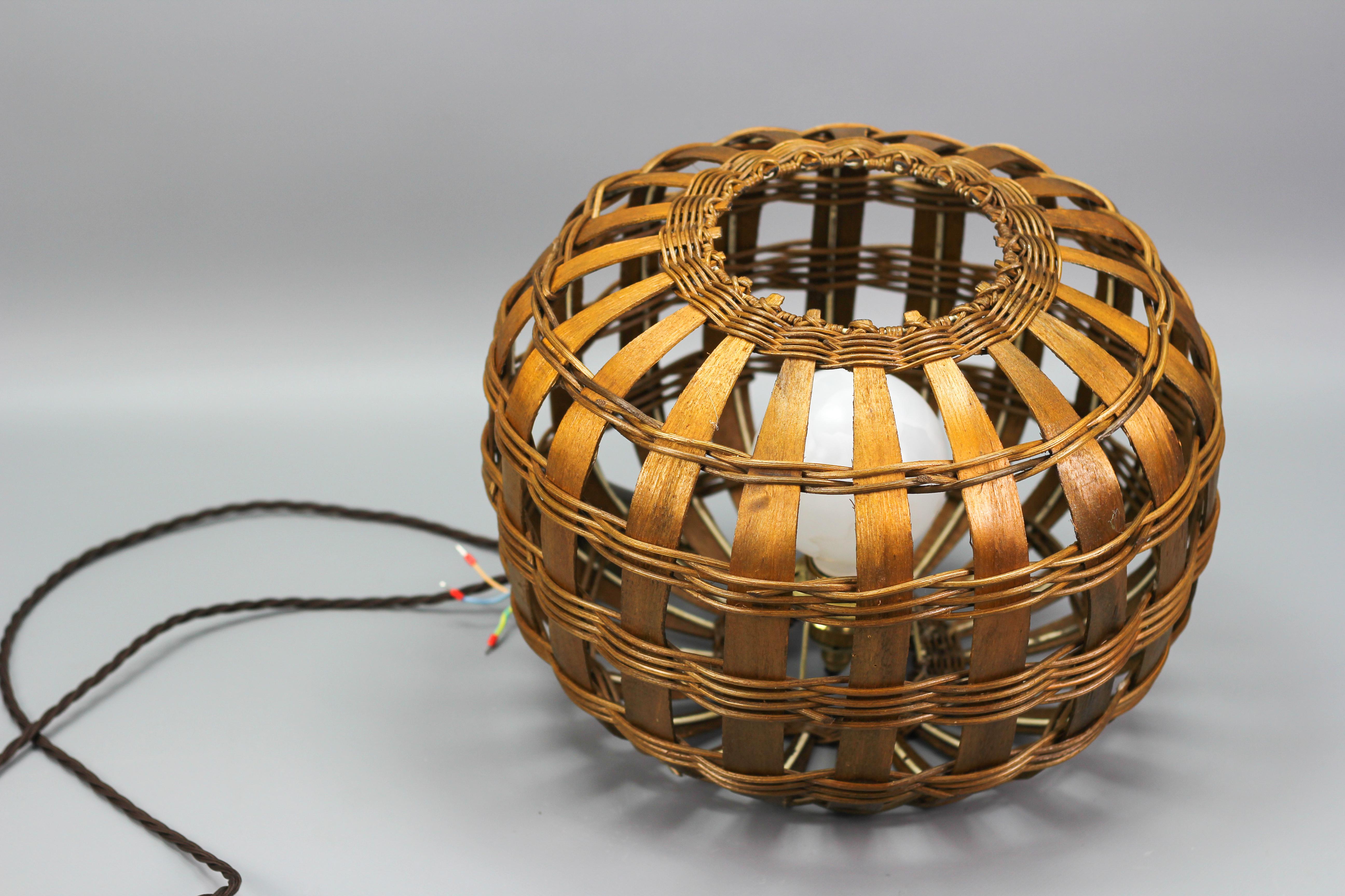 Mid-Century Round Woven Wooden Hanging Lamp, 1950s 6
