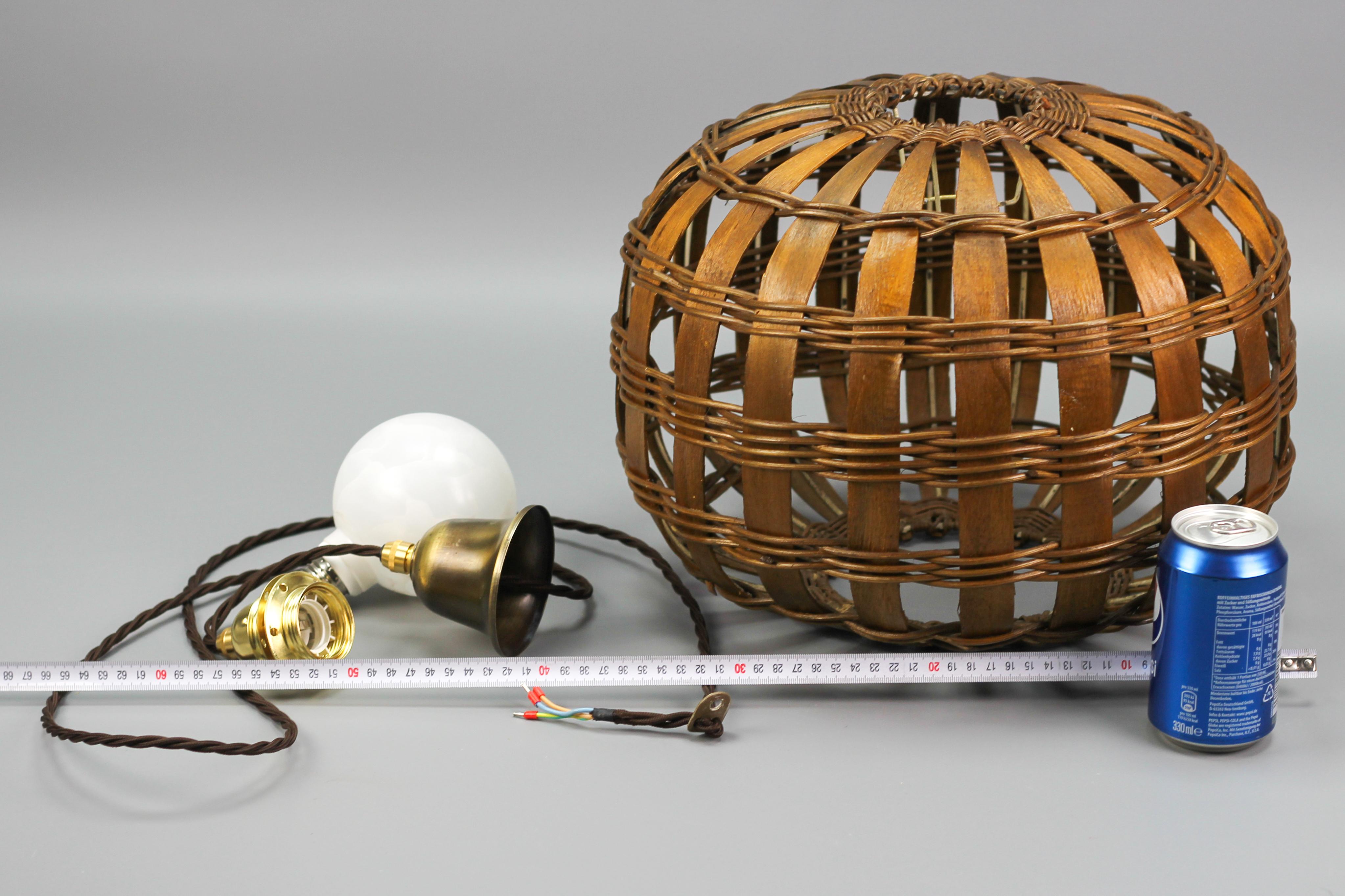 Mid-Century Round Woven Wooden Hanging Lamp, 1950s 8