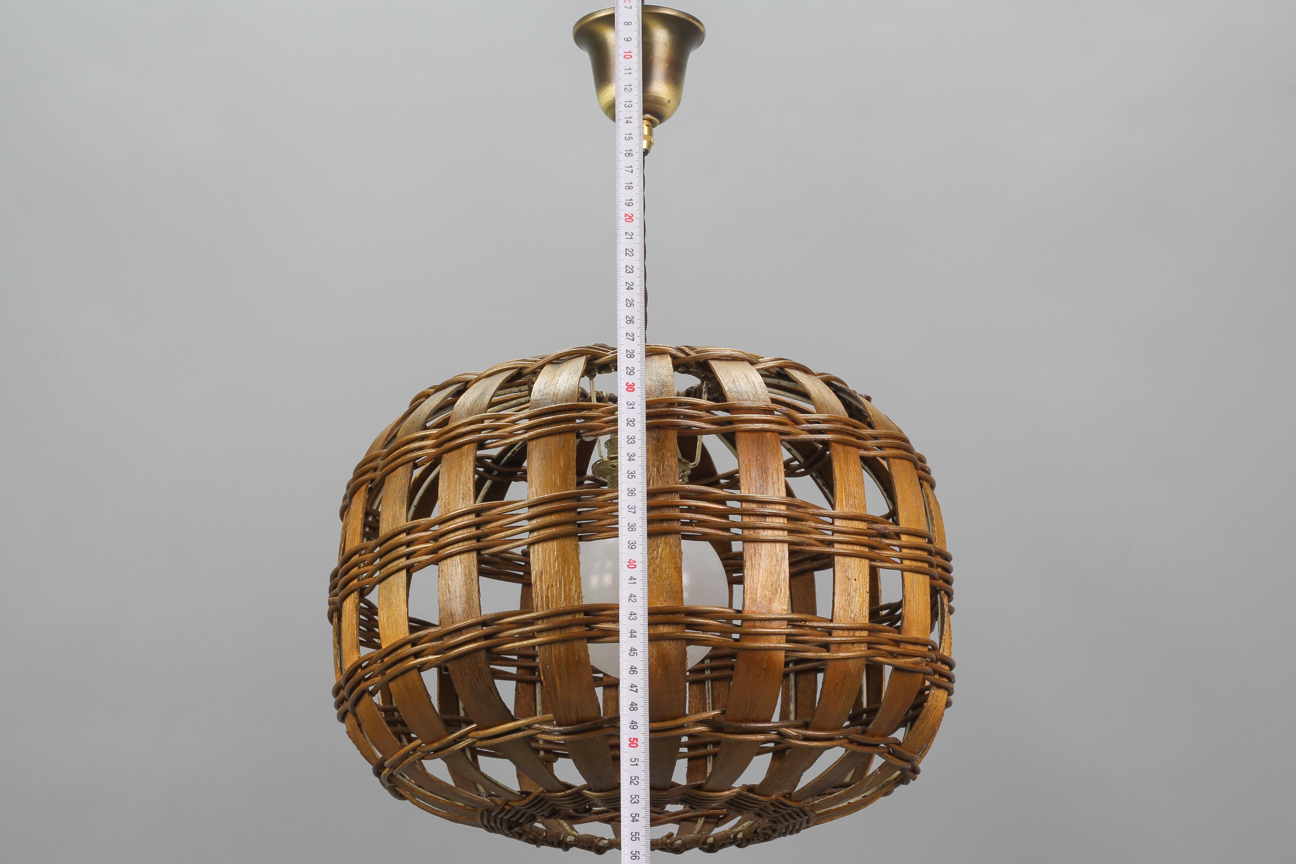 Mid-Century Round Woven Wooden Hanging Lamp, 1950s 9