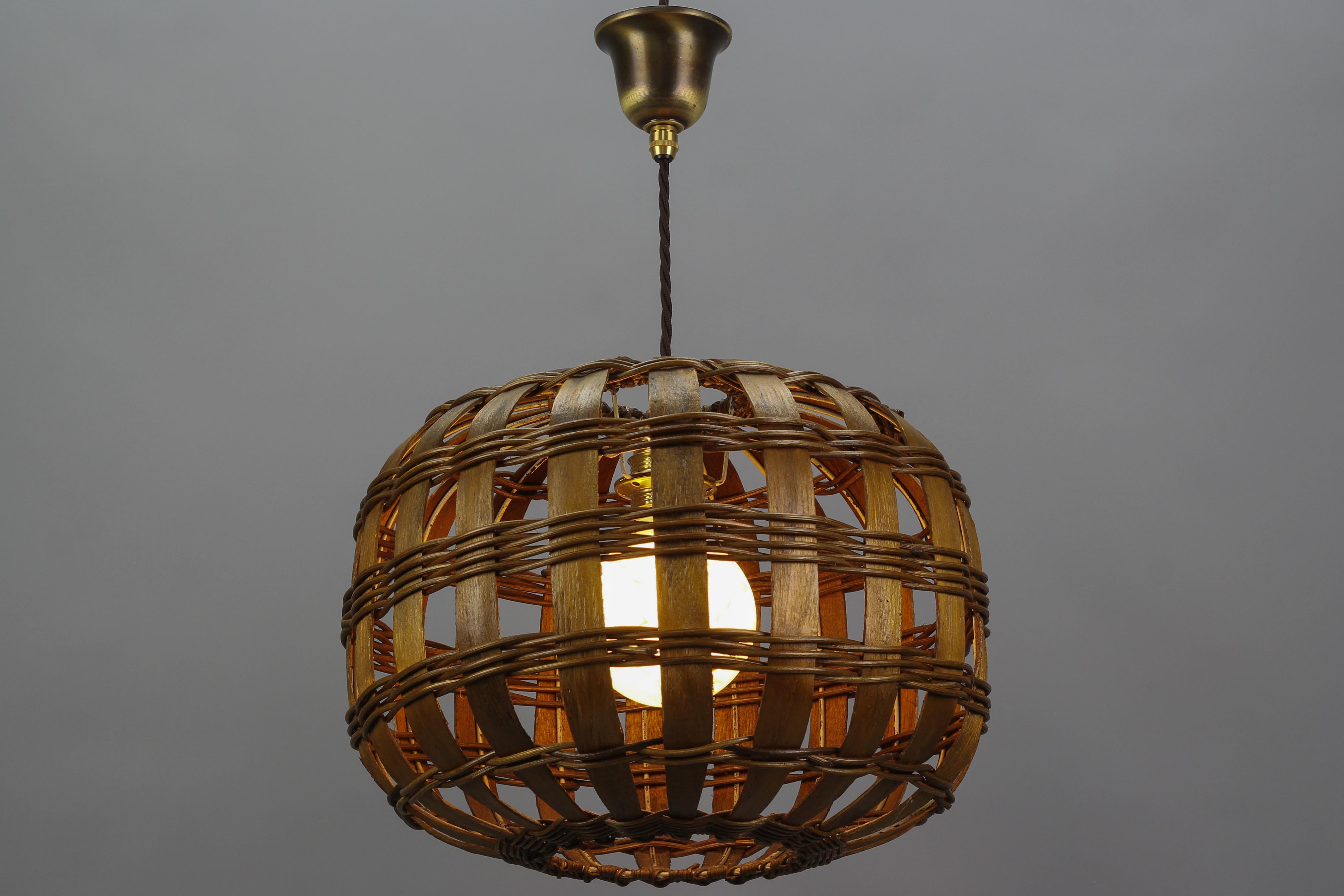 Mid-Century Round Woven Wooden Hanging Lamp, 1950s 10