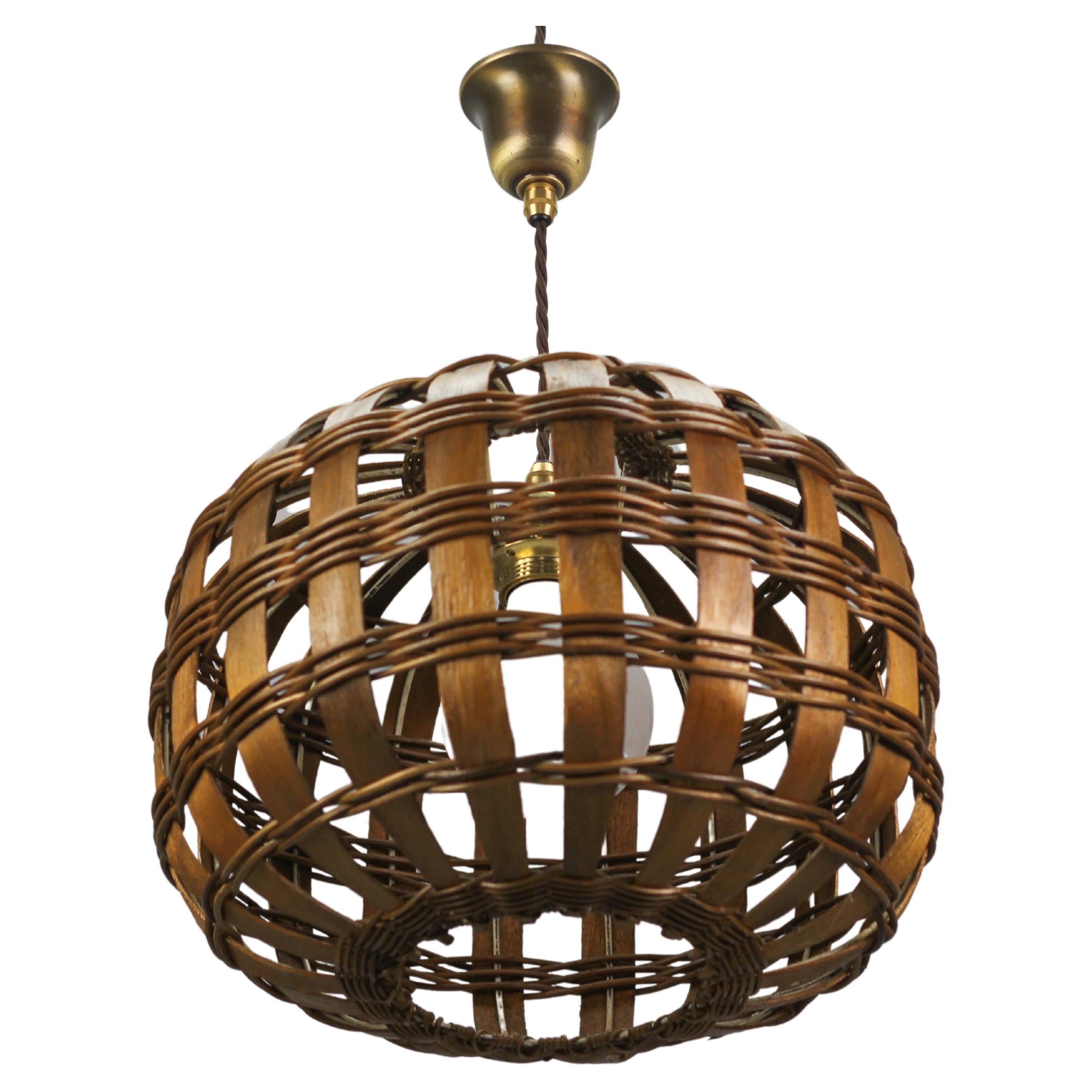 Mid-Century Round Woven Wooden Hanging Lamp, 1950s