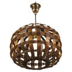 Mid-Century Round Woven Wooden Hanging Lamp, 1950s