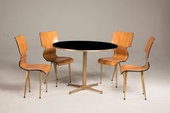 Mid Century Rounded Black Crystal Top and Brass Legs Game Table and Four Chairs