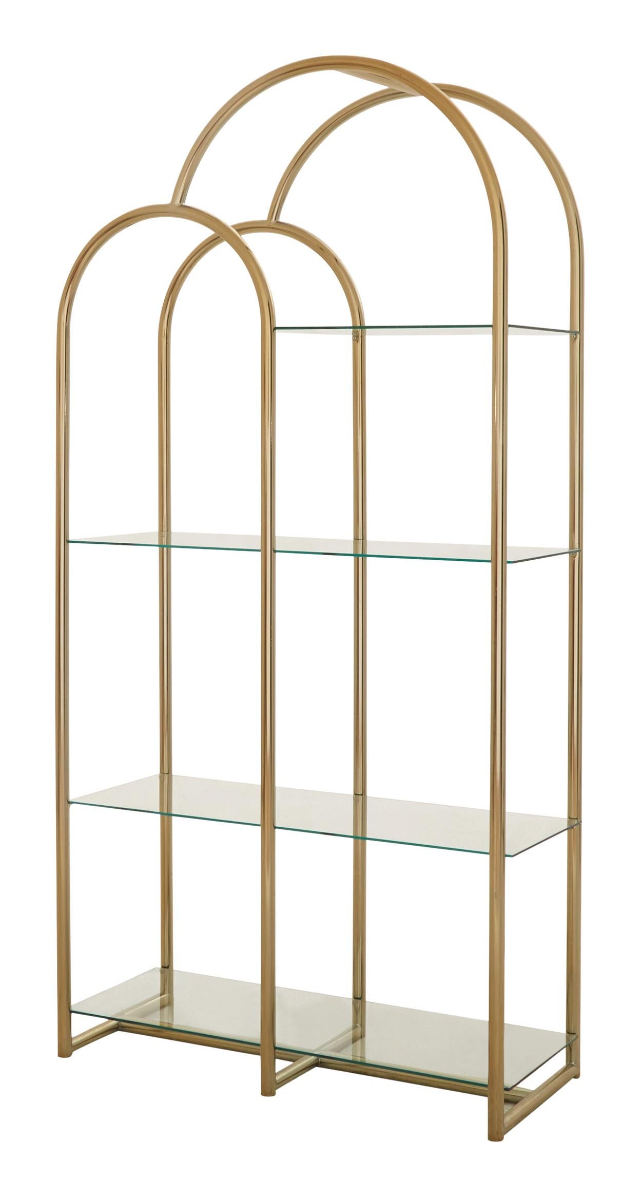 •Brass-plated, rounded frame
•Glass shelves
•Mid-20th century
•American
•Measures: 37.5