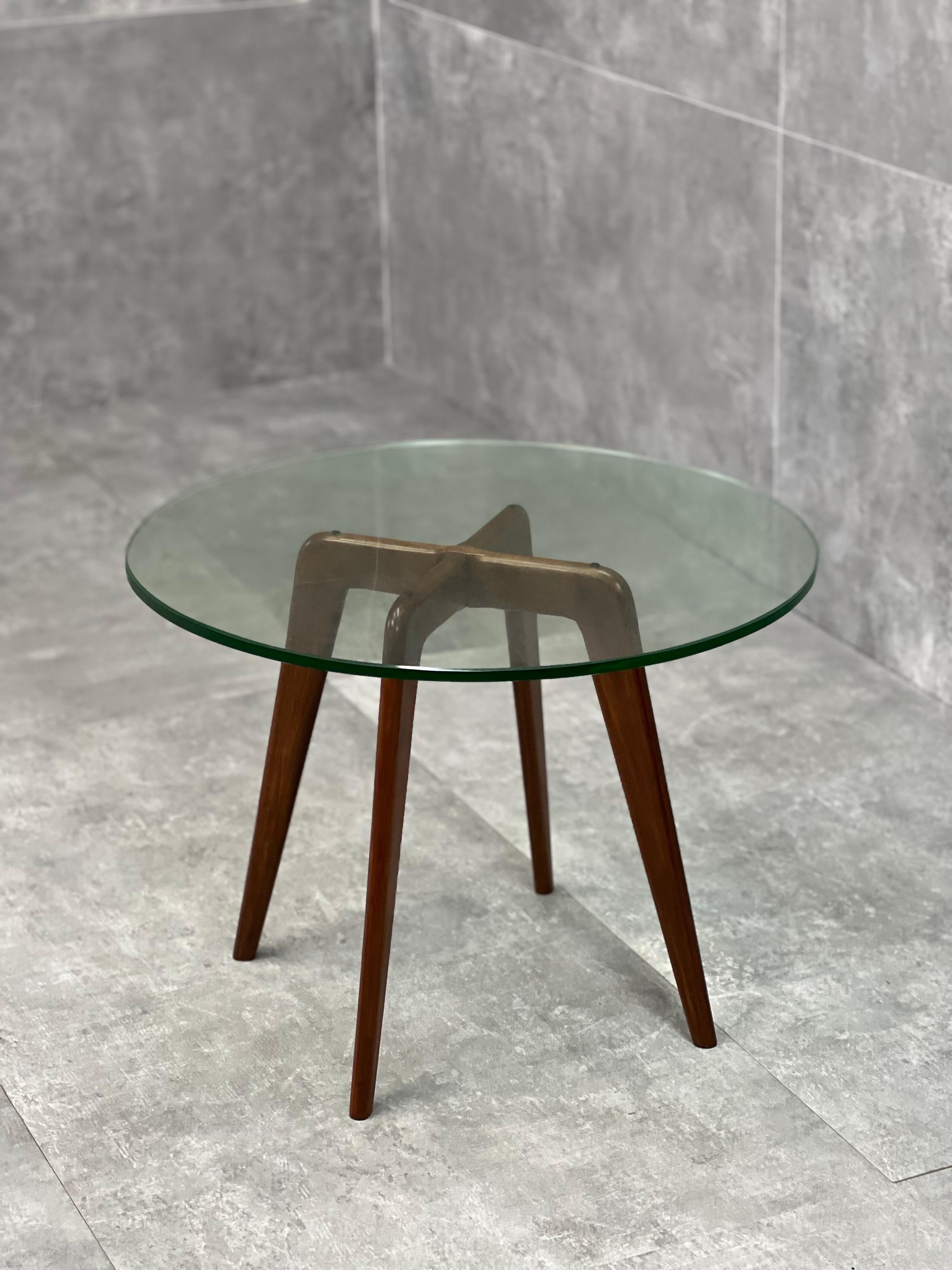 Midcentury Rounded Coffee Table with Glass Top For Sale at 1stDibs