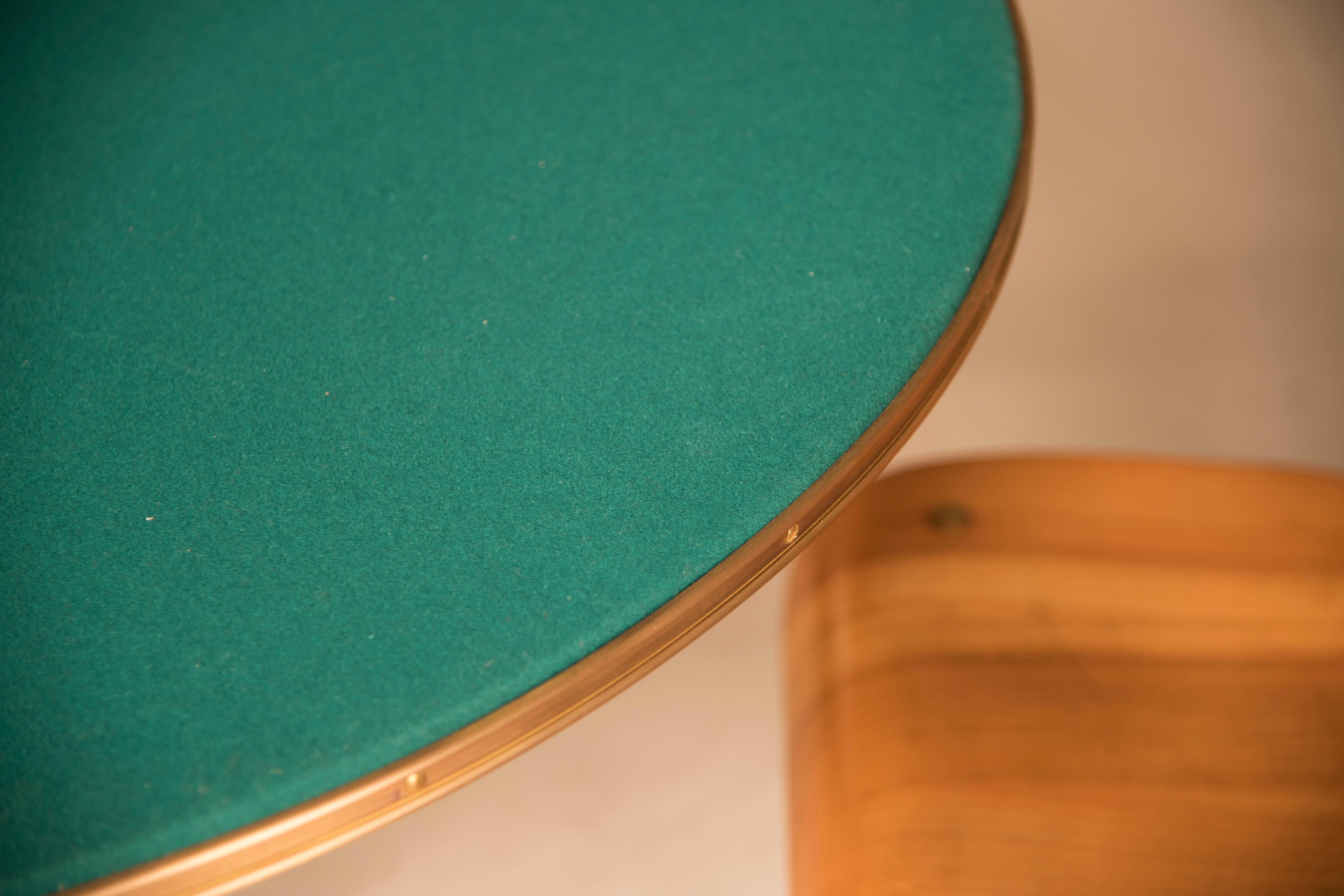 Mid Century Rounded Green Fabric Wood and Brass Legs Game Table and Four Chairs  10
