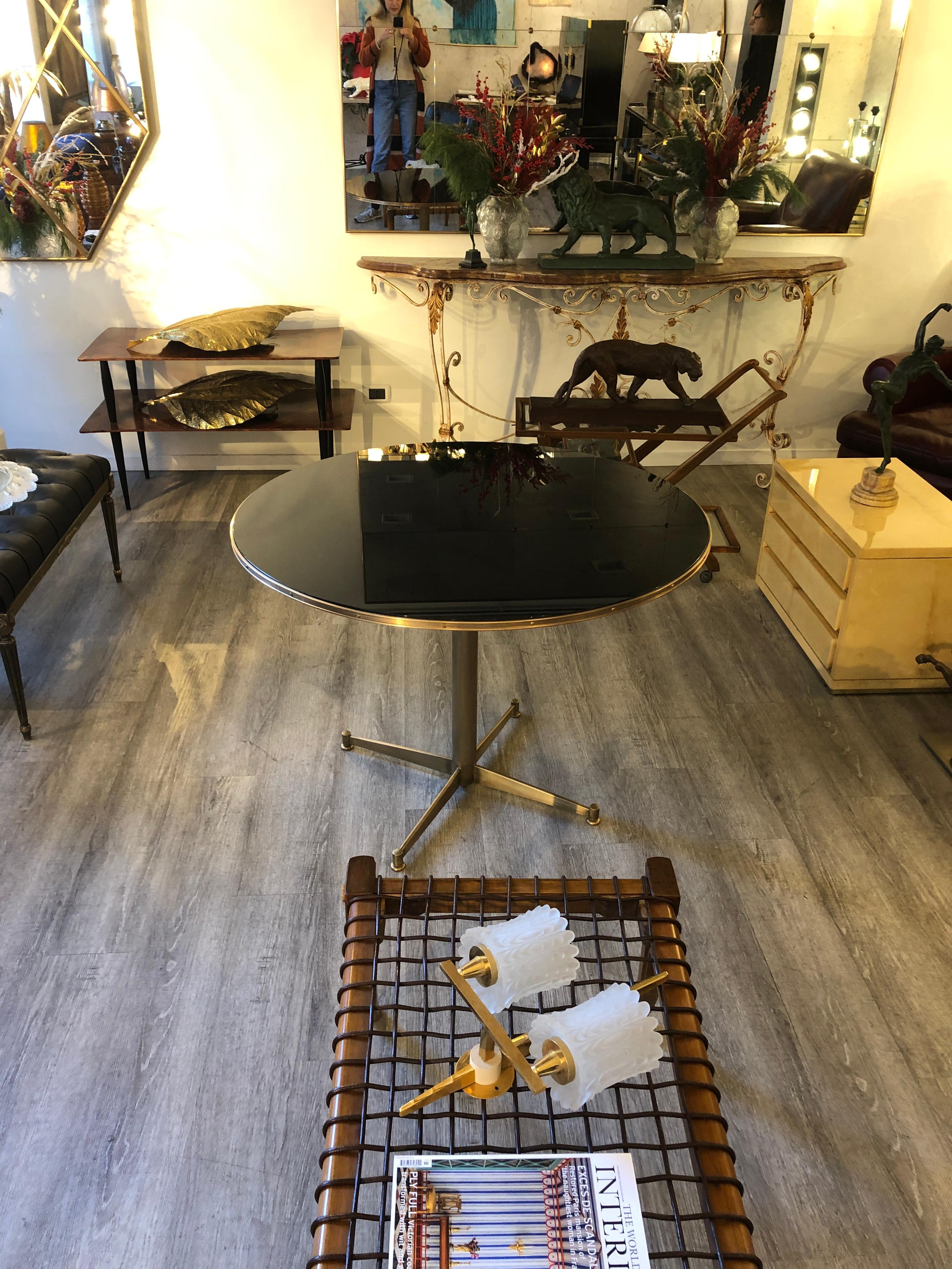 Mid Century Rounded Green Fabric Wood and Brass Legs Game Table and Four Chairs  11