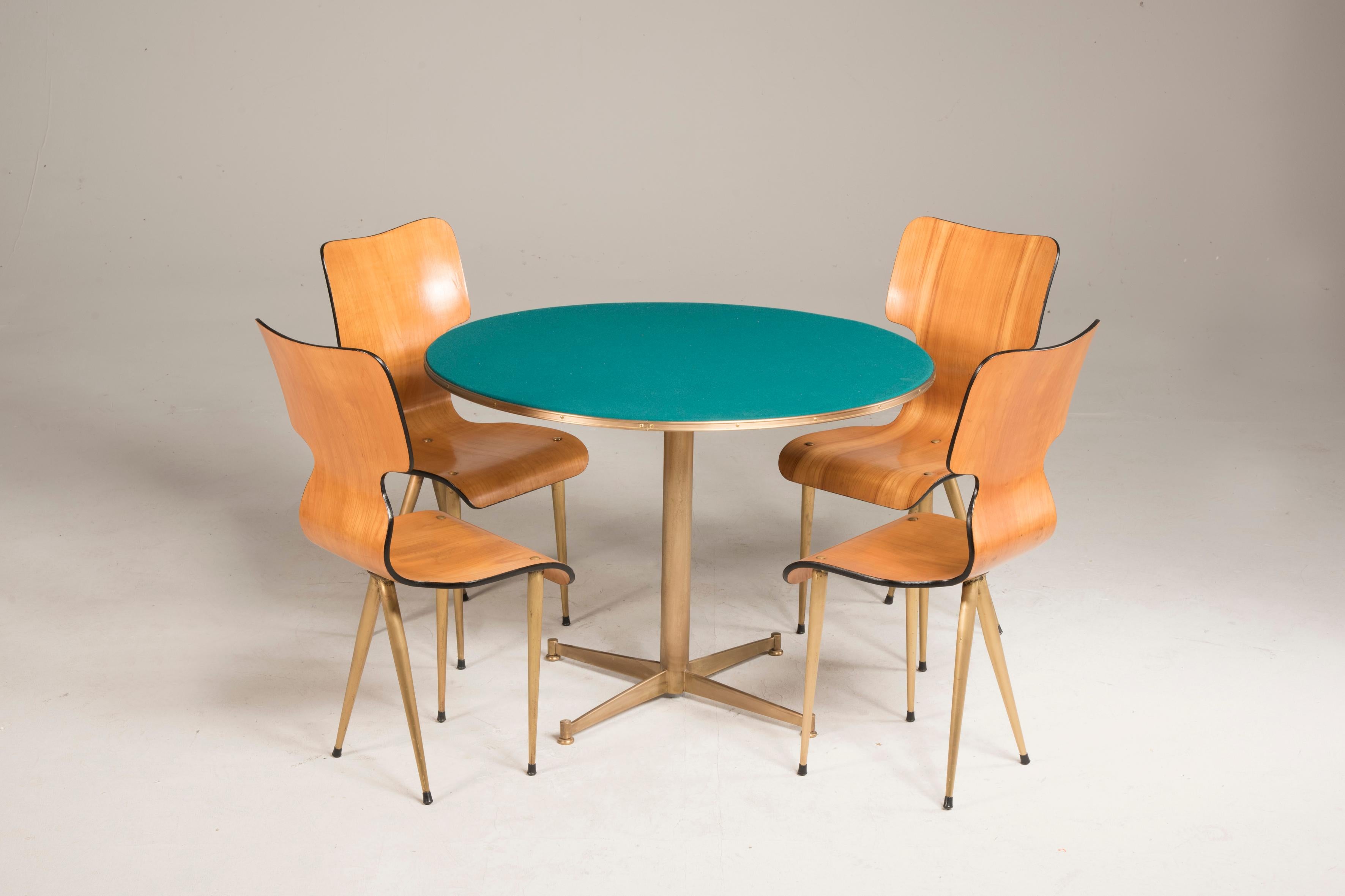 Mid-Century Modern Mid Century Rounded Green Fabric Wood and Brass Legs Game Table and Four Chairs 
