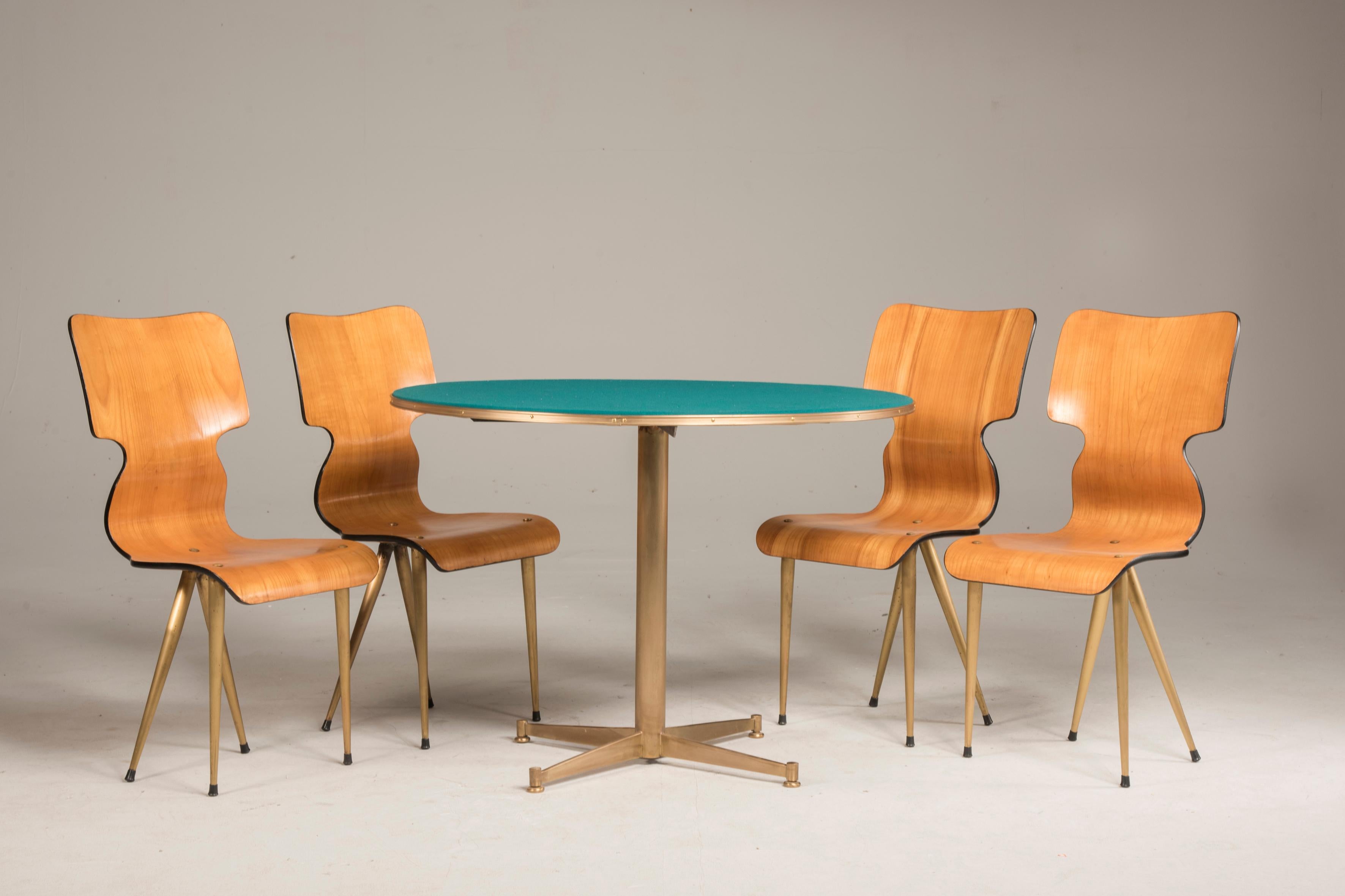 20th Century Mid Century Rounded Green Fabric Wood and Brass Legs Game Table and Four Chairs 