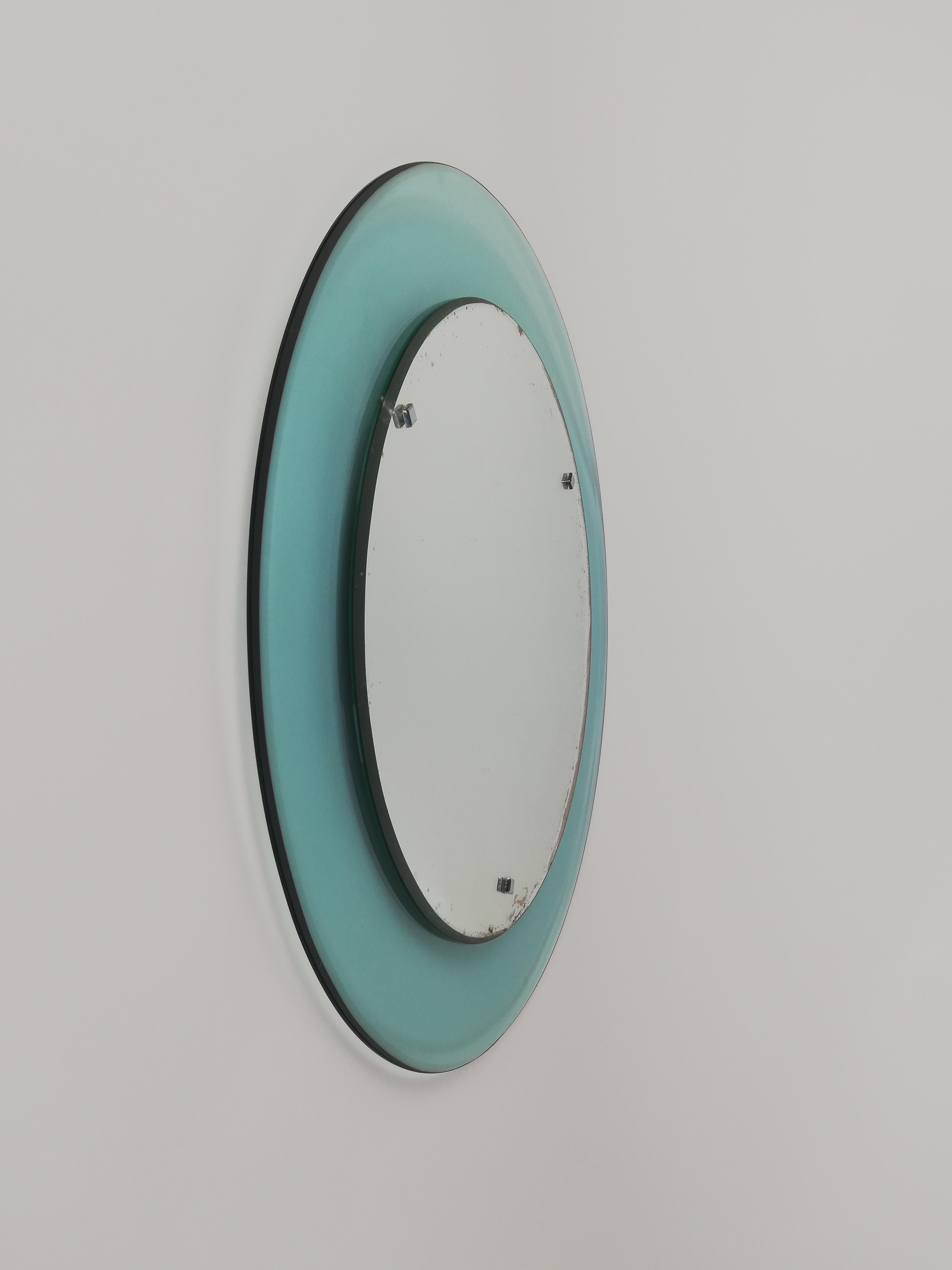 20th Century Midcentury Rounded Mirror in Turquois Glass Attributable to Veca, Italy, 1970s For Sale