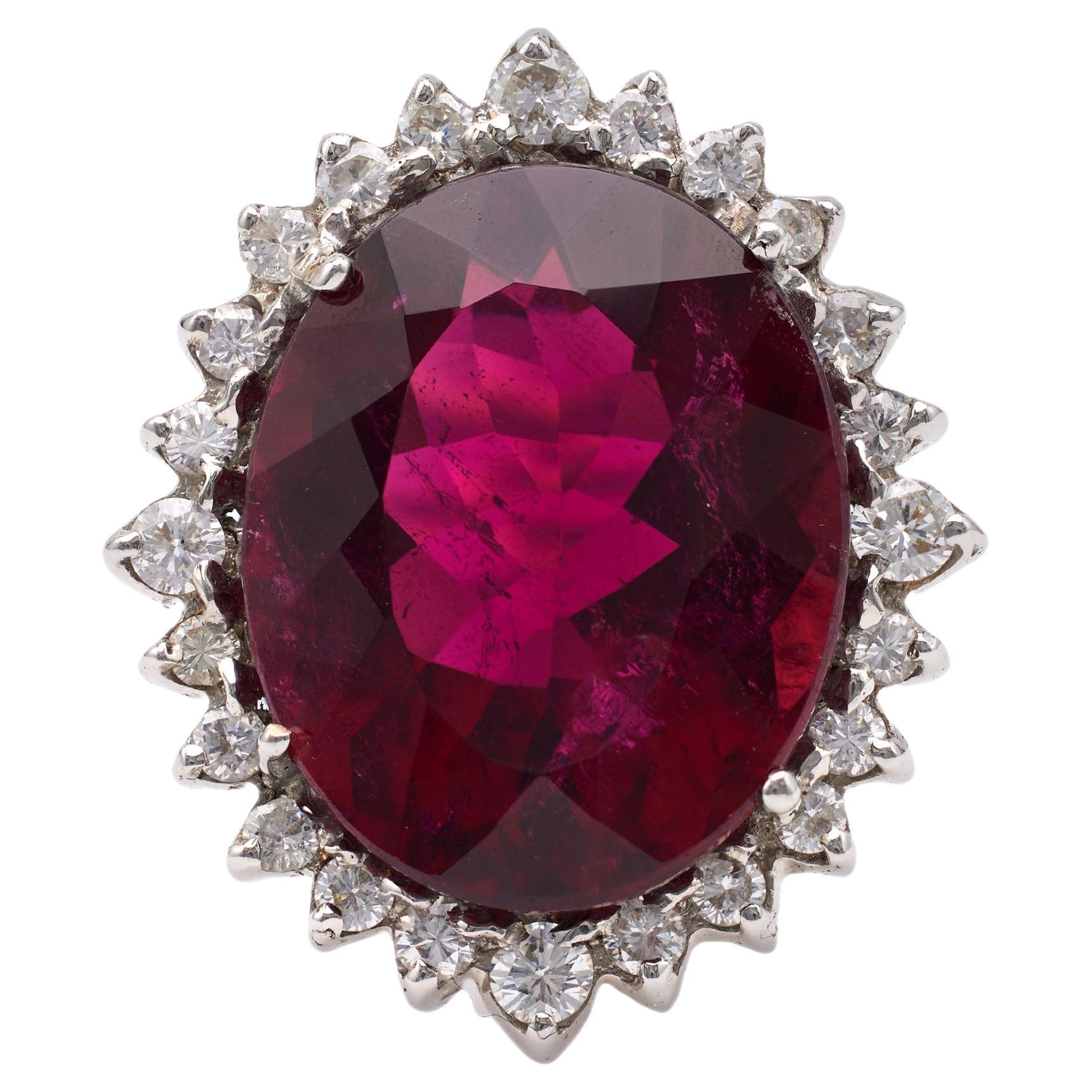 Mid-Century Rubellite and Diamond Platinum Cocktail Ring