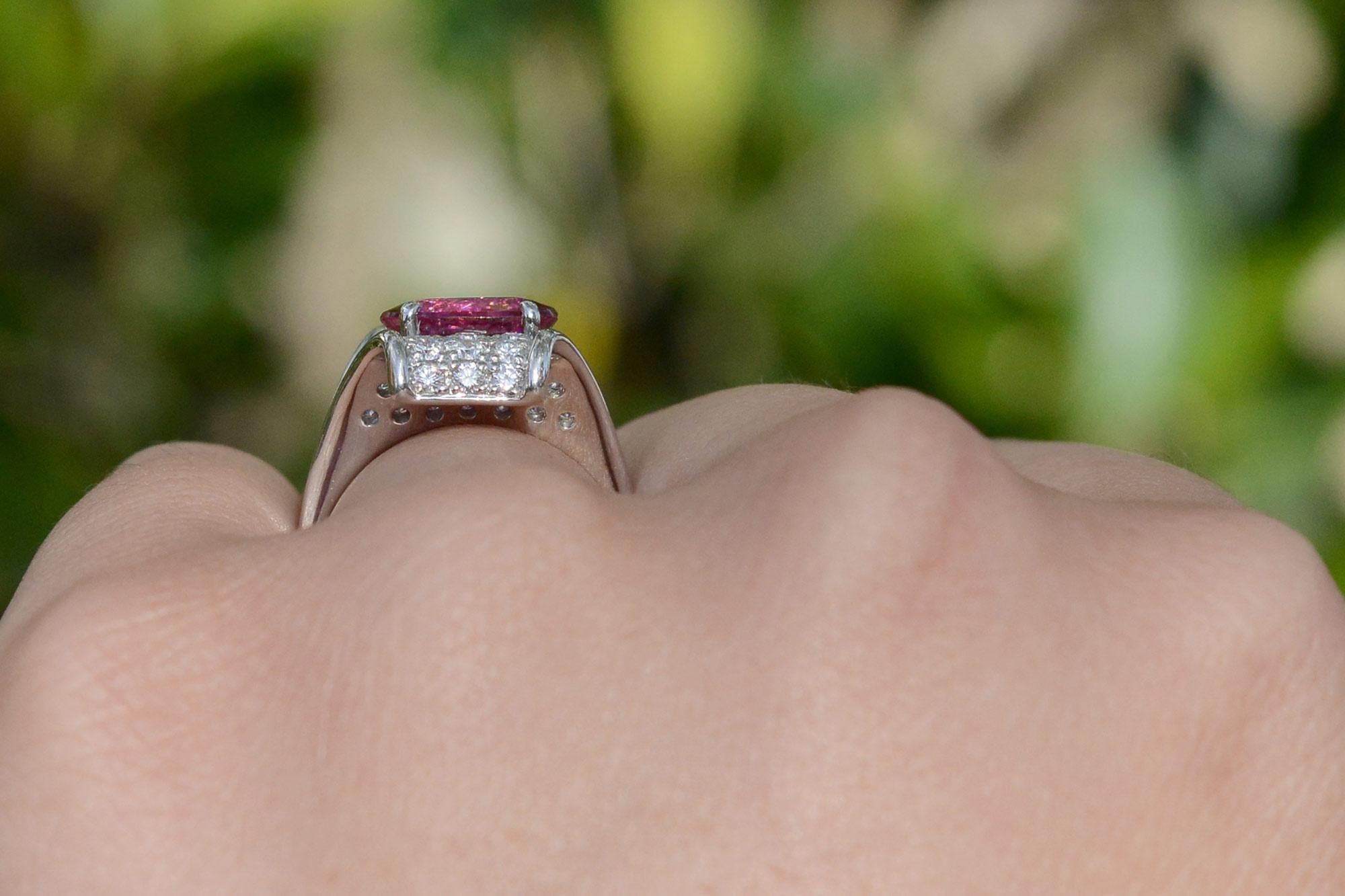 Mid Century Rubellite Tourmaline Pave' Diamond Ring In Excellent Condition For Sale In Santa Barbara, CA