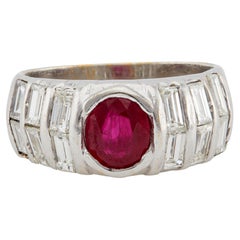 Mid Century Ruby and Diamond 18k White Gold Band Ring