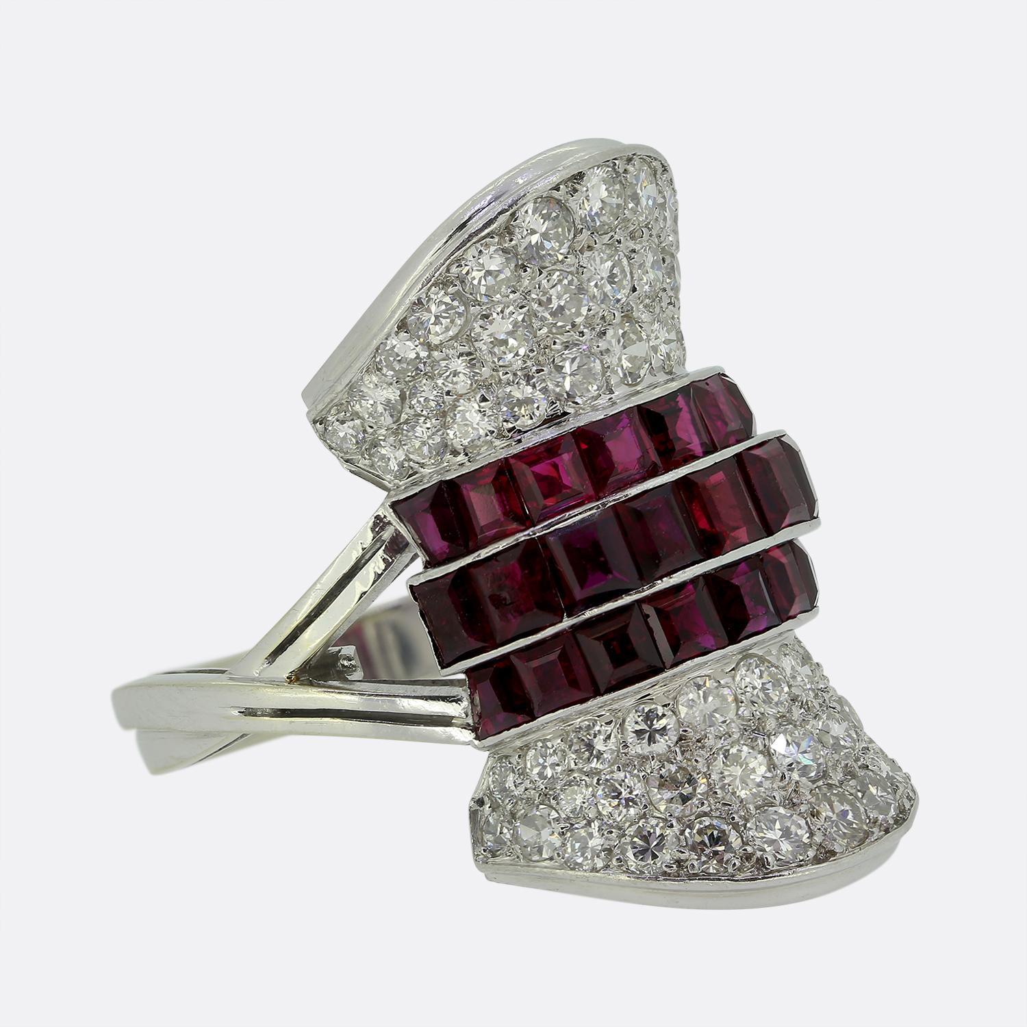 Square Cut Mid-Century Ruby and Diamond Bow Dress Ring For Sale