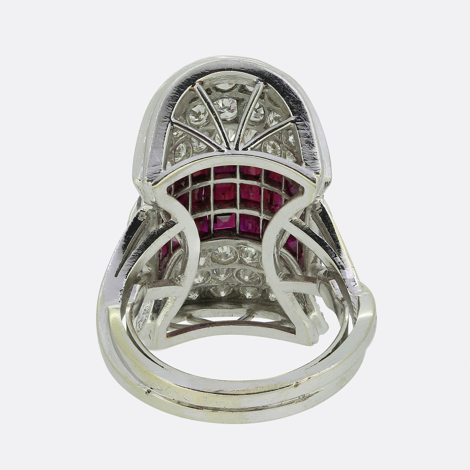 Mid-Century Ruby and Diamond Bow Dress Ring In Good Condition For Sale In London, GB