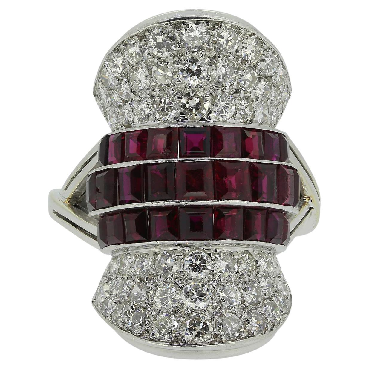 Mid-Century Ruby and Diamond Bow Dress Ring For Sale