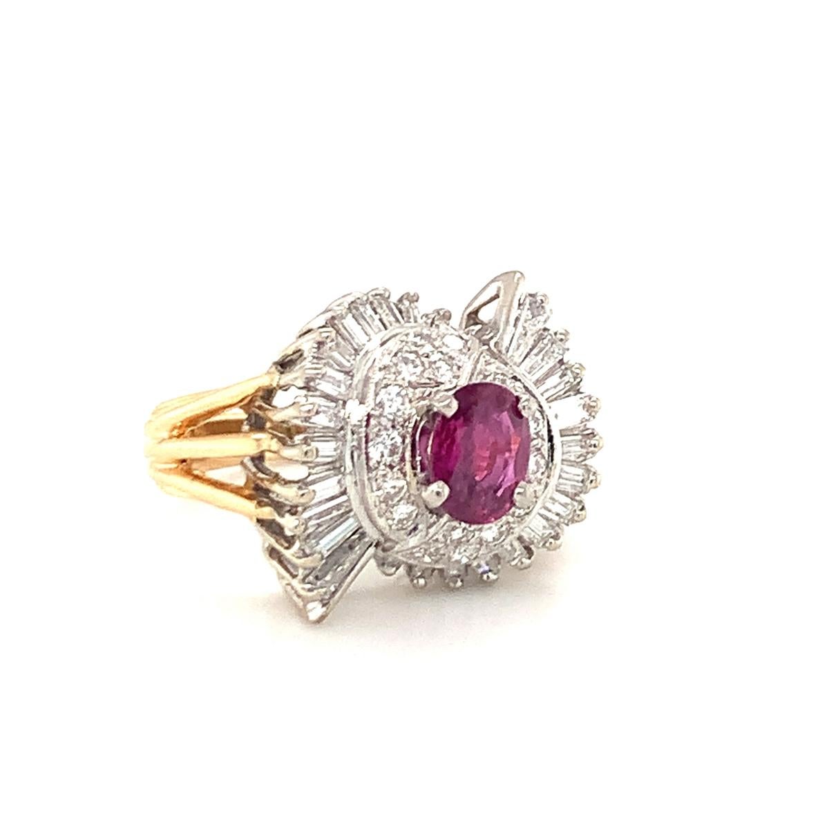 Tapered Baguette Mid-Century Ruby and Diamond Gold Ring, circa 1950s For Sale