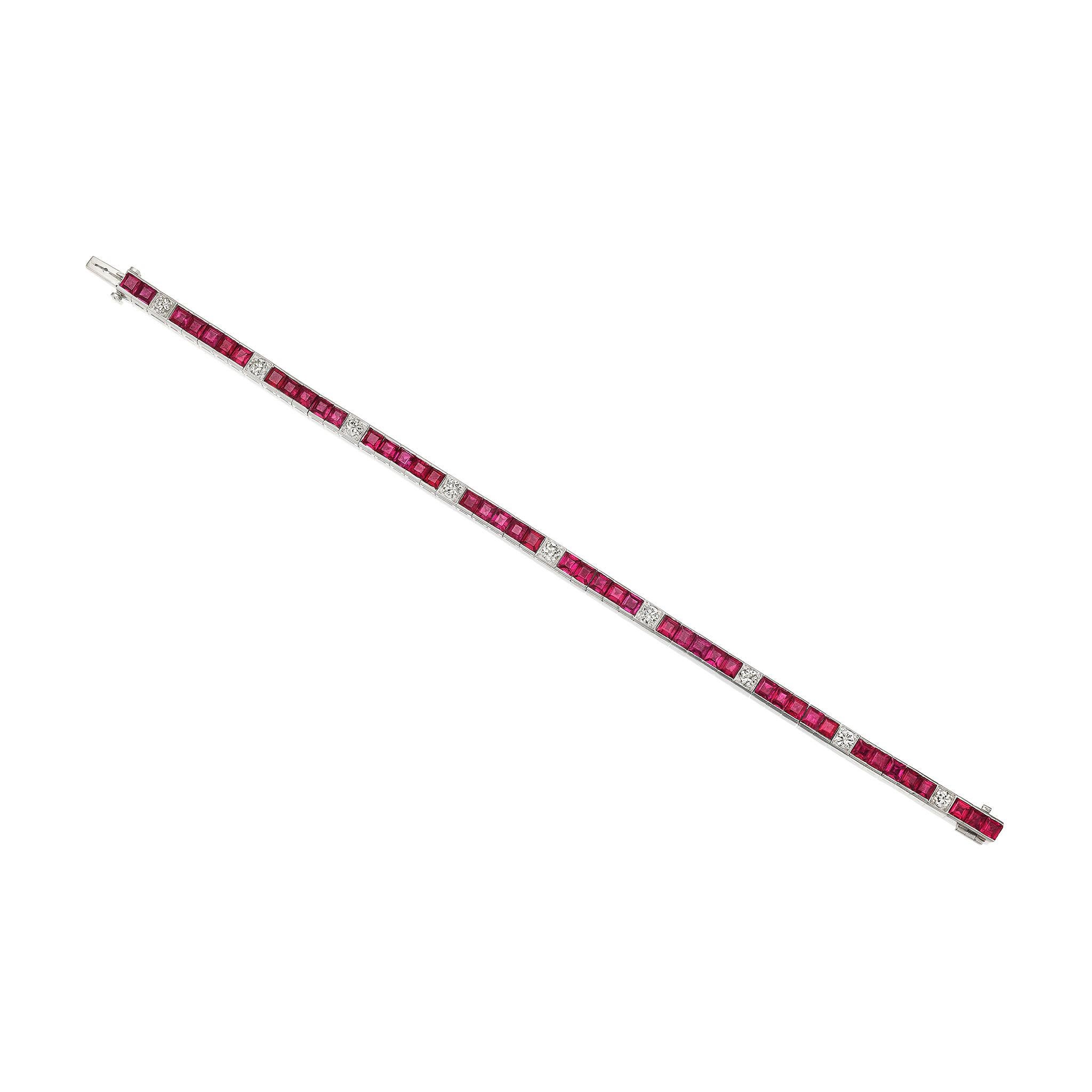 Square Cut Mid Century Ruby and Diamond Line Bracelet For Sale